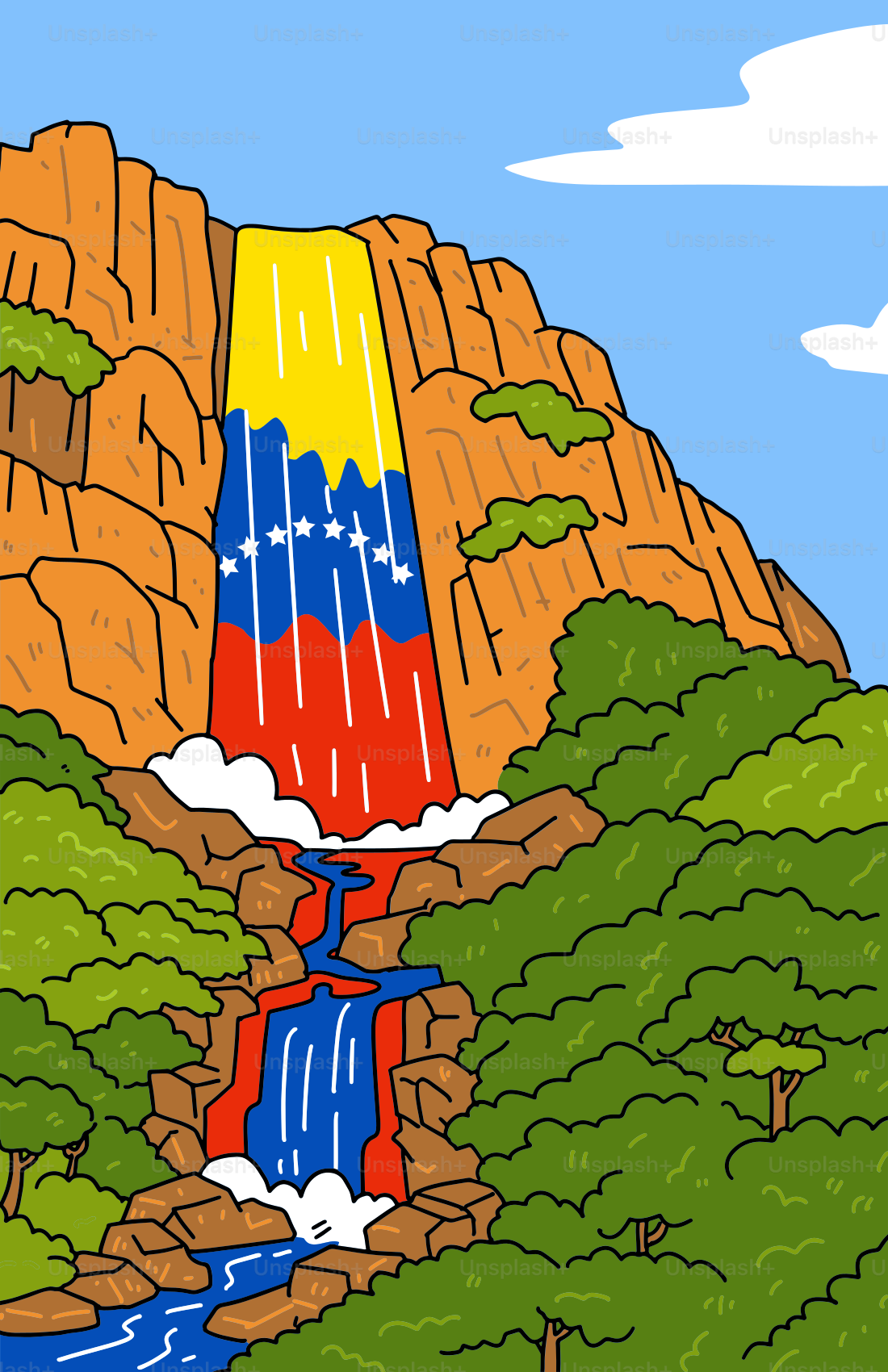 Waterfall with venezuelan flag colors cascading down rocks