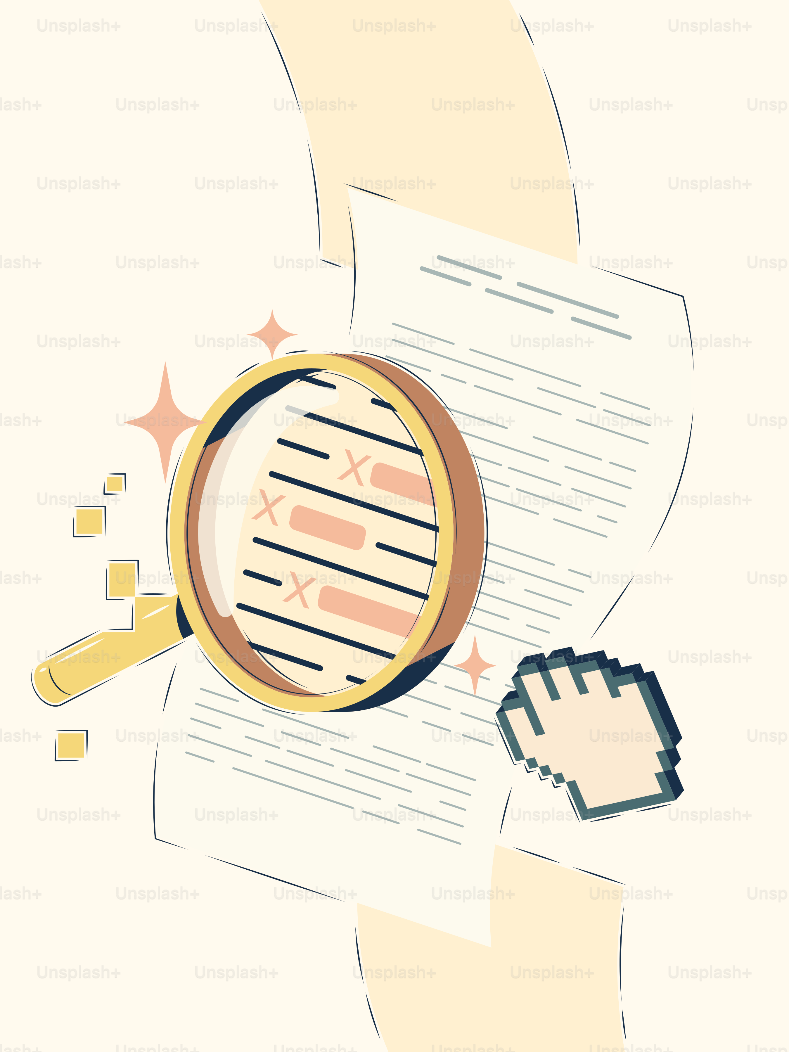 Lupe über ein Dokument mit markiertem Text.