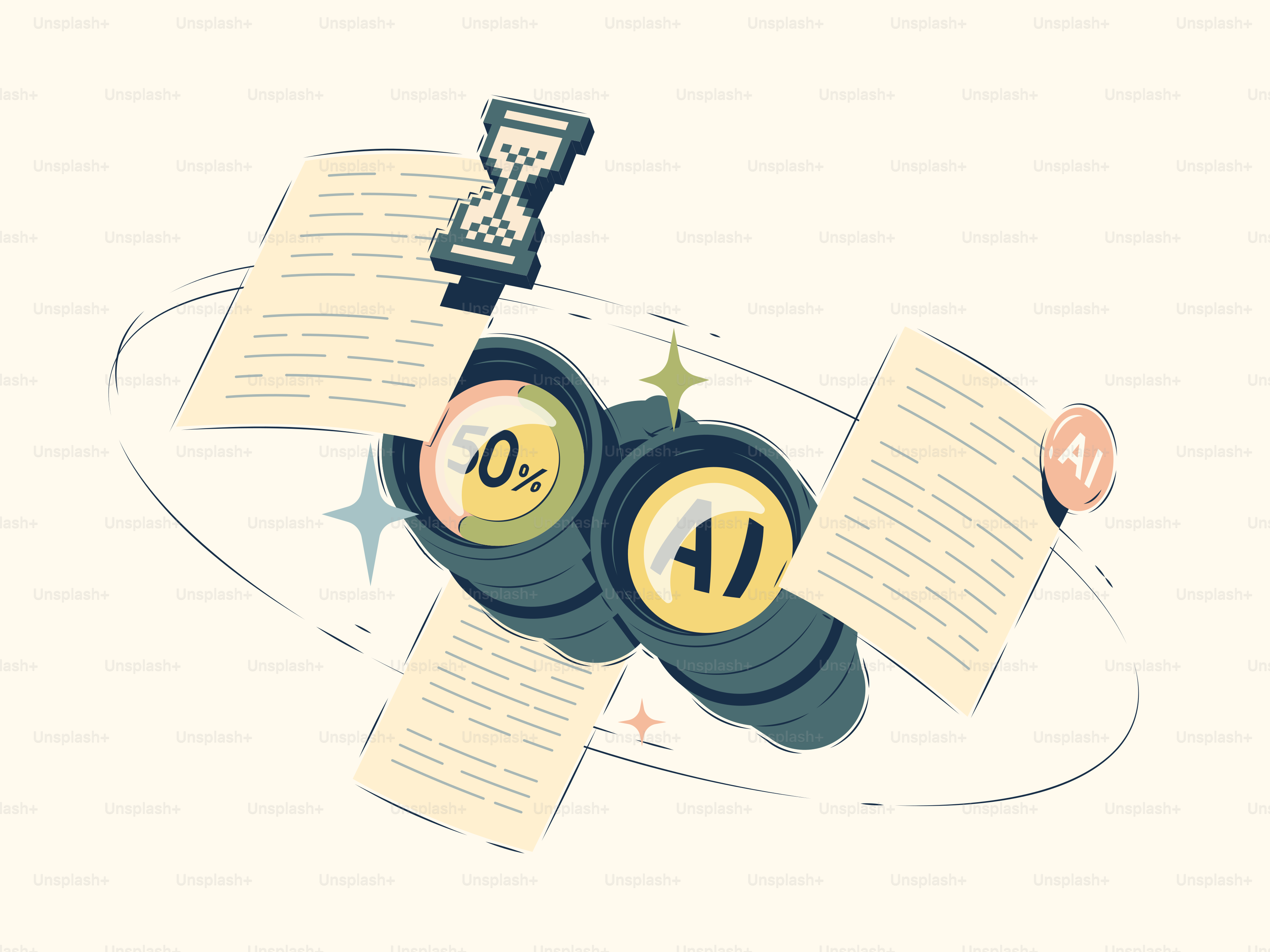 Ferngläser mit KI und herumschwebenden Papieren.