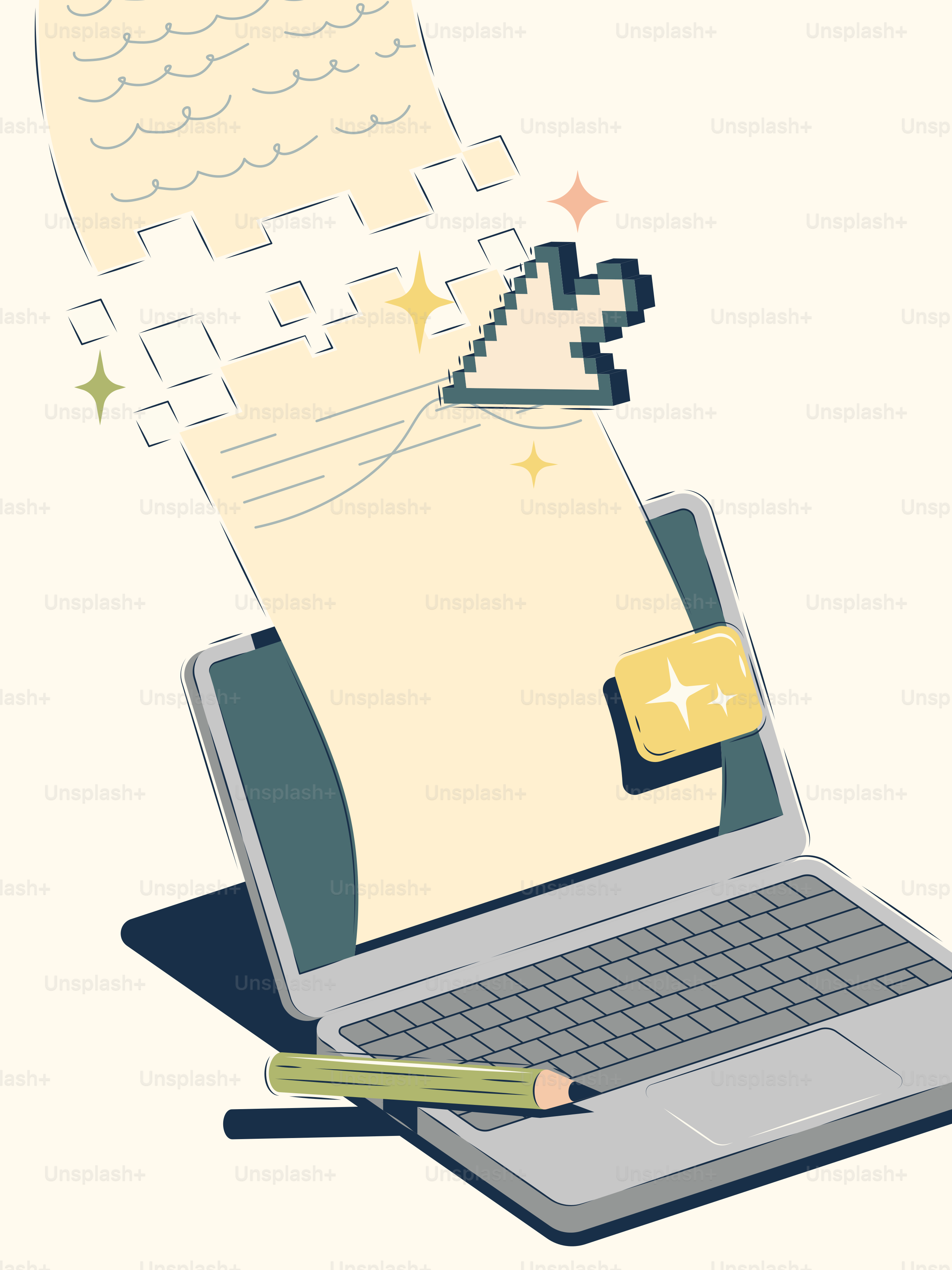 Laptop mit Papier und Cursor, die in digitale Daten umgewandelt werden.