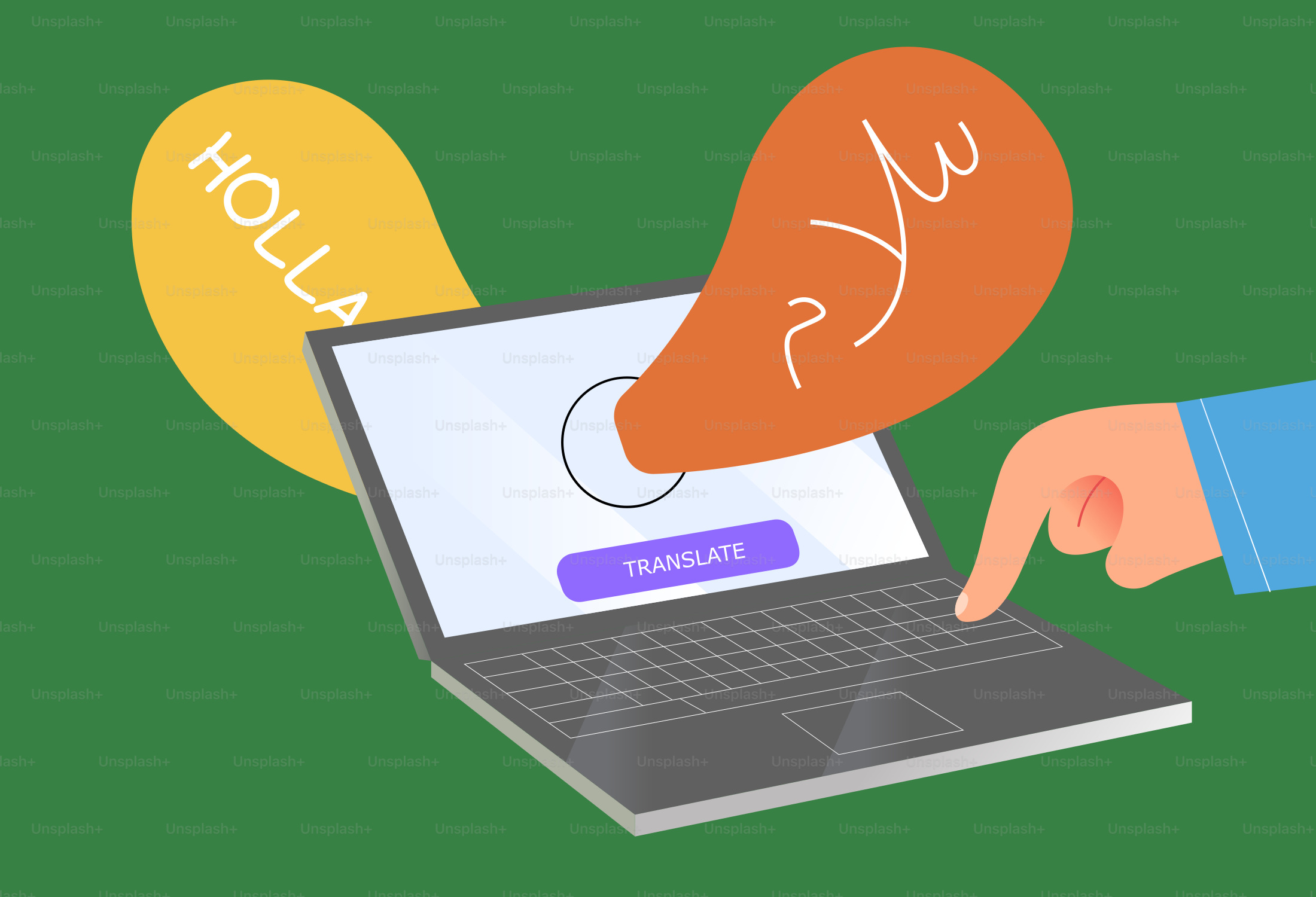 Laptop mit Übersetzungsblasen für verschiedene Sprachen.