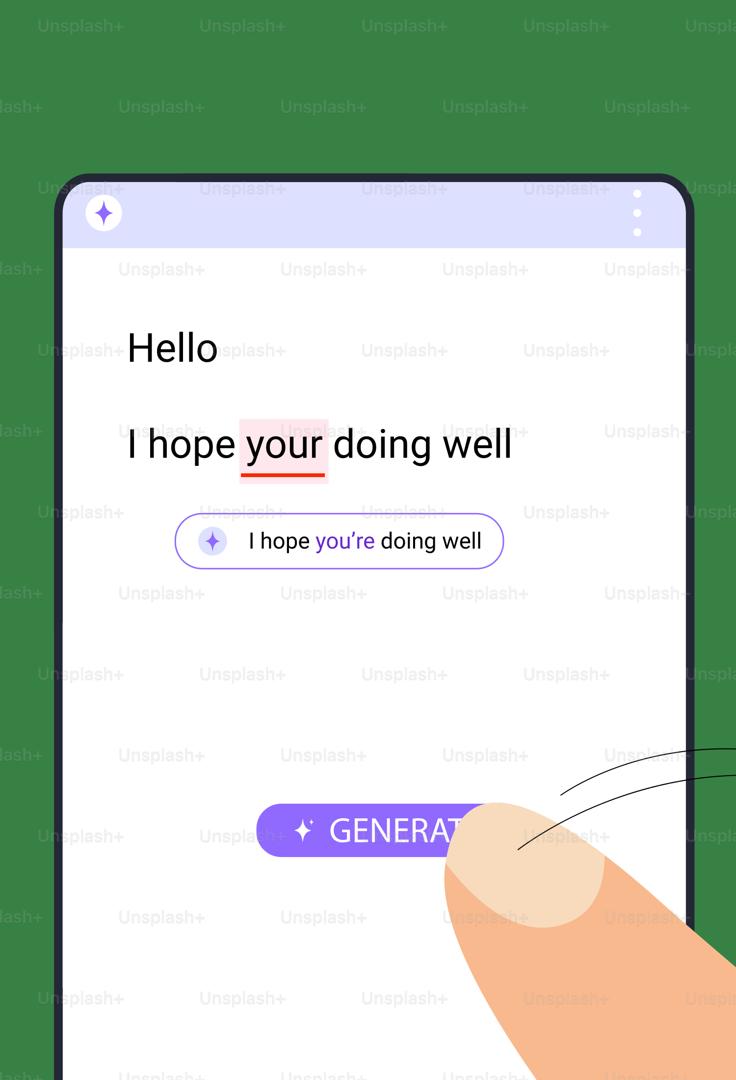 Fingerdruck auf Generier-Button in der Schreib-App