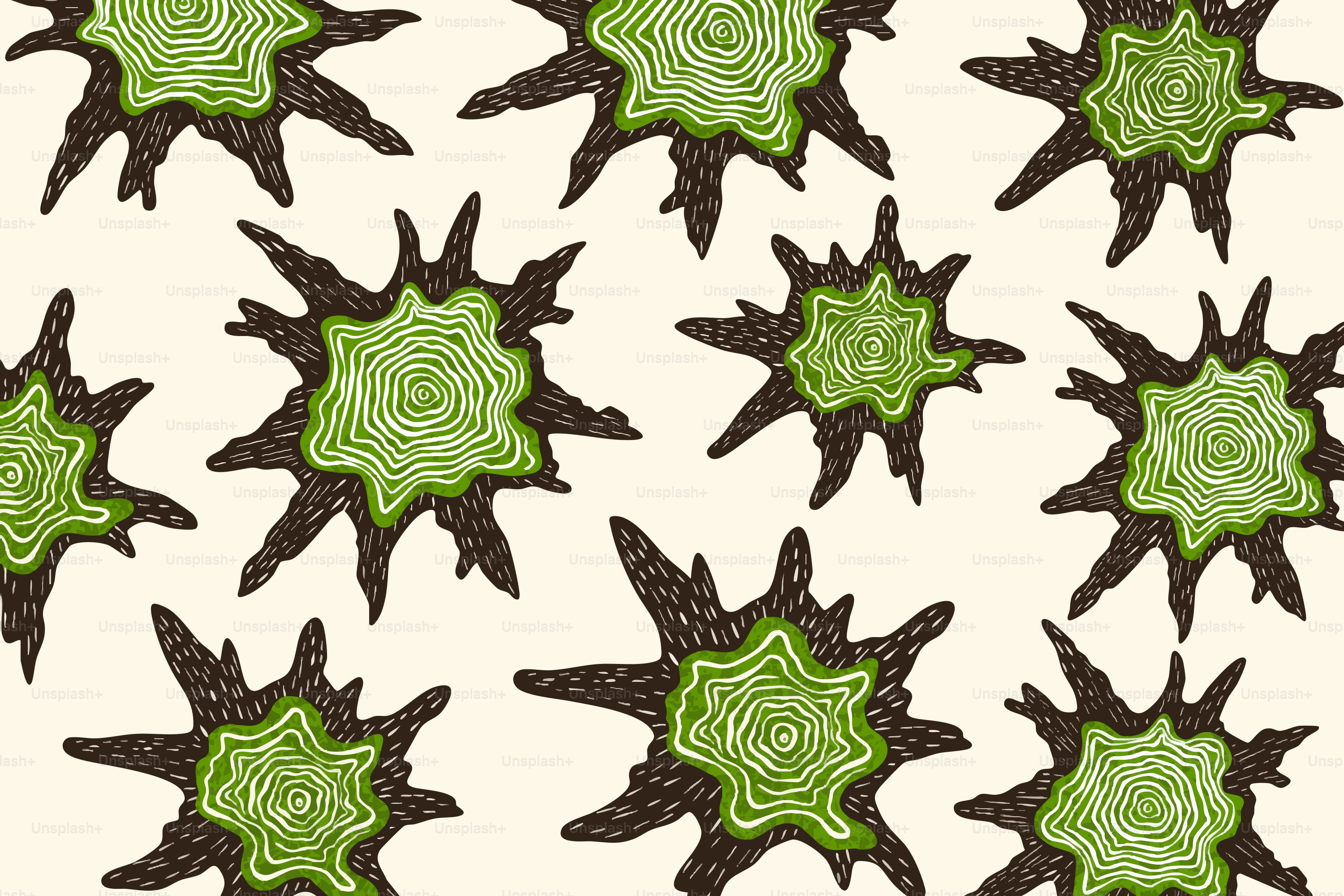 Abstrakte grüne Sternburst-Formen auf cremefarbenem Hintergrund