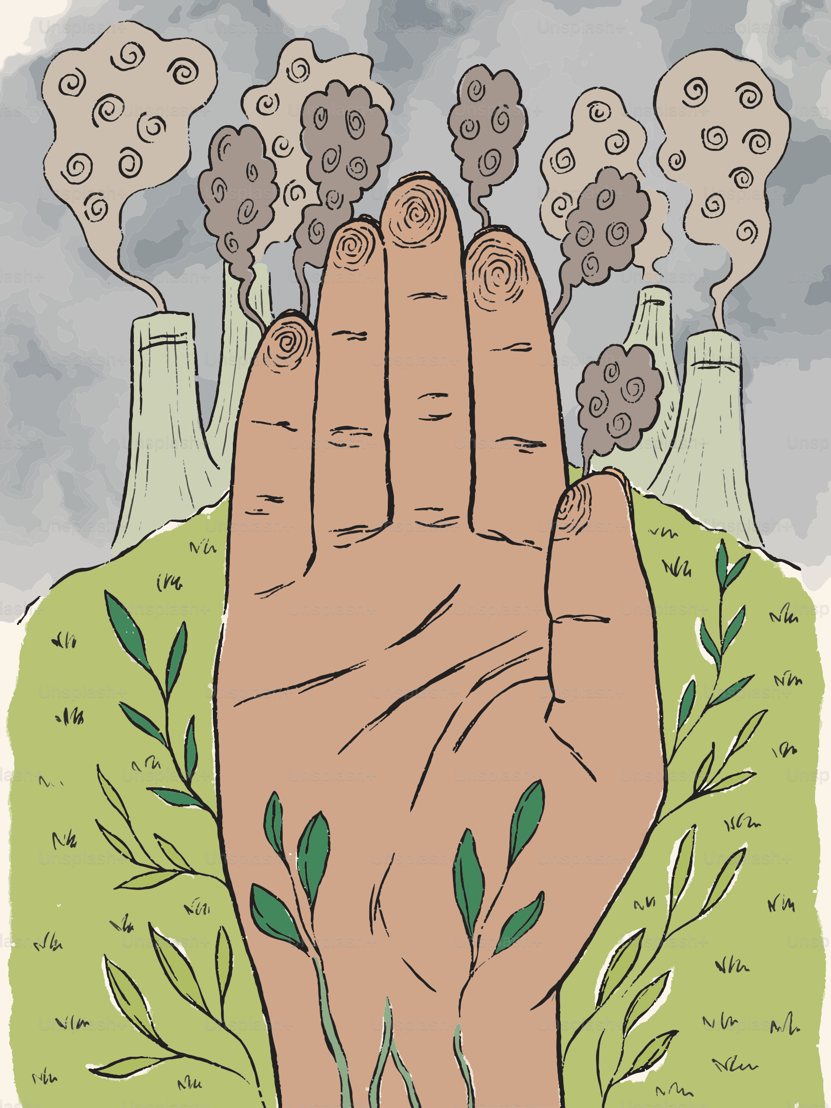 Hand with plants and polluting factories in background