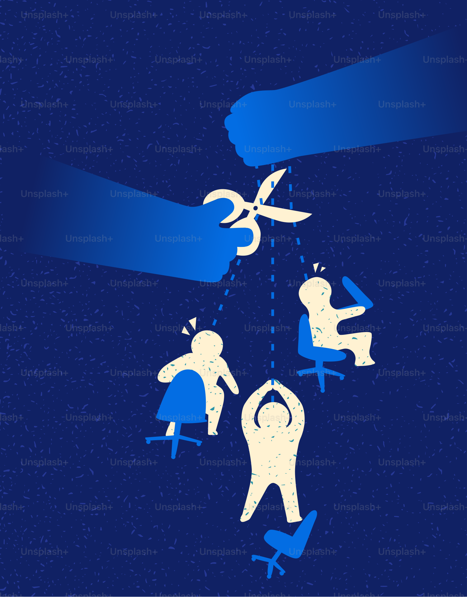 Hands cutting strings attached to dangling figures.