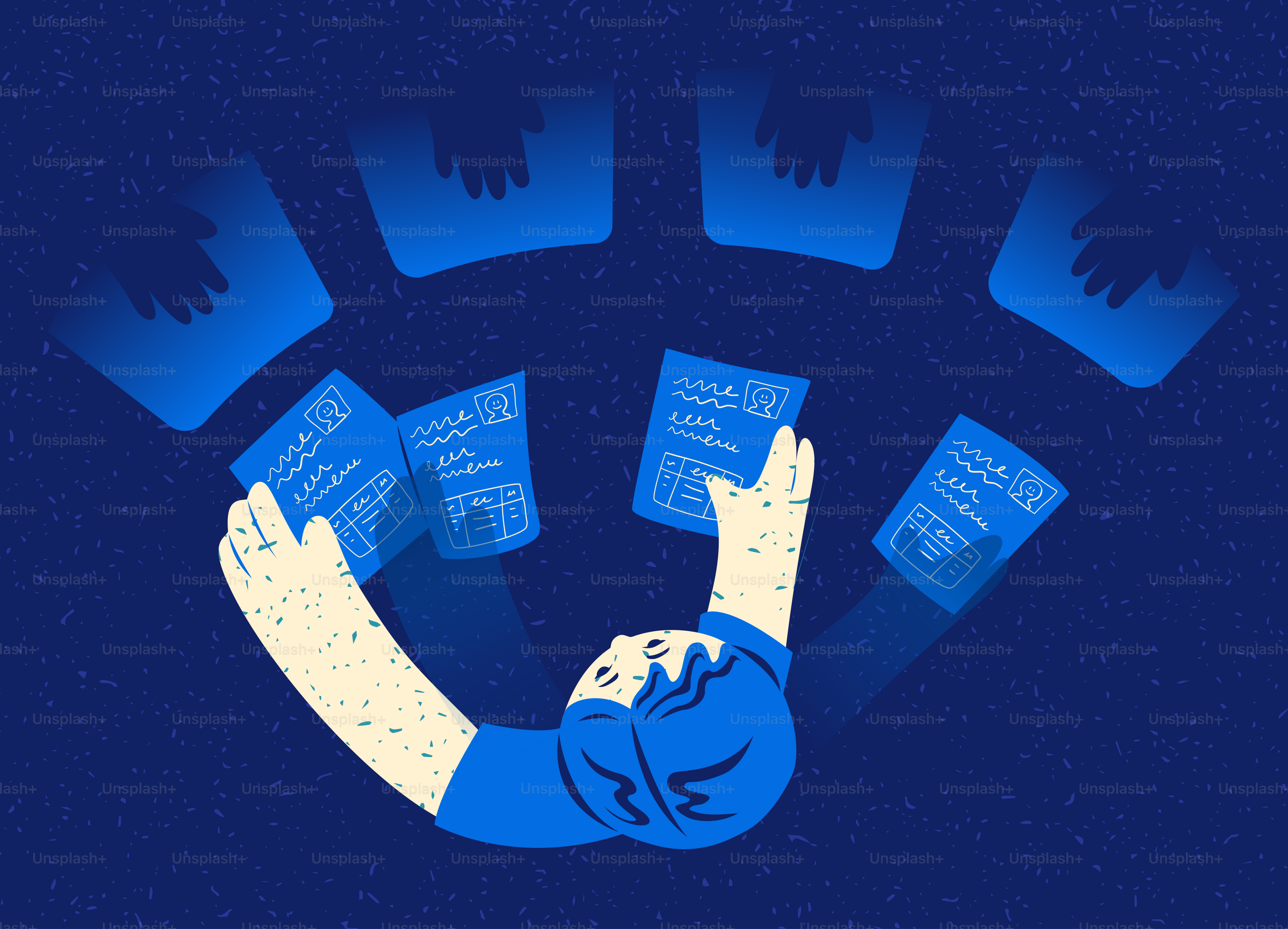 Hands holding cards with blue backgrounds
