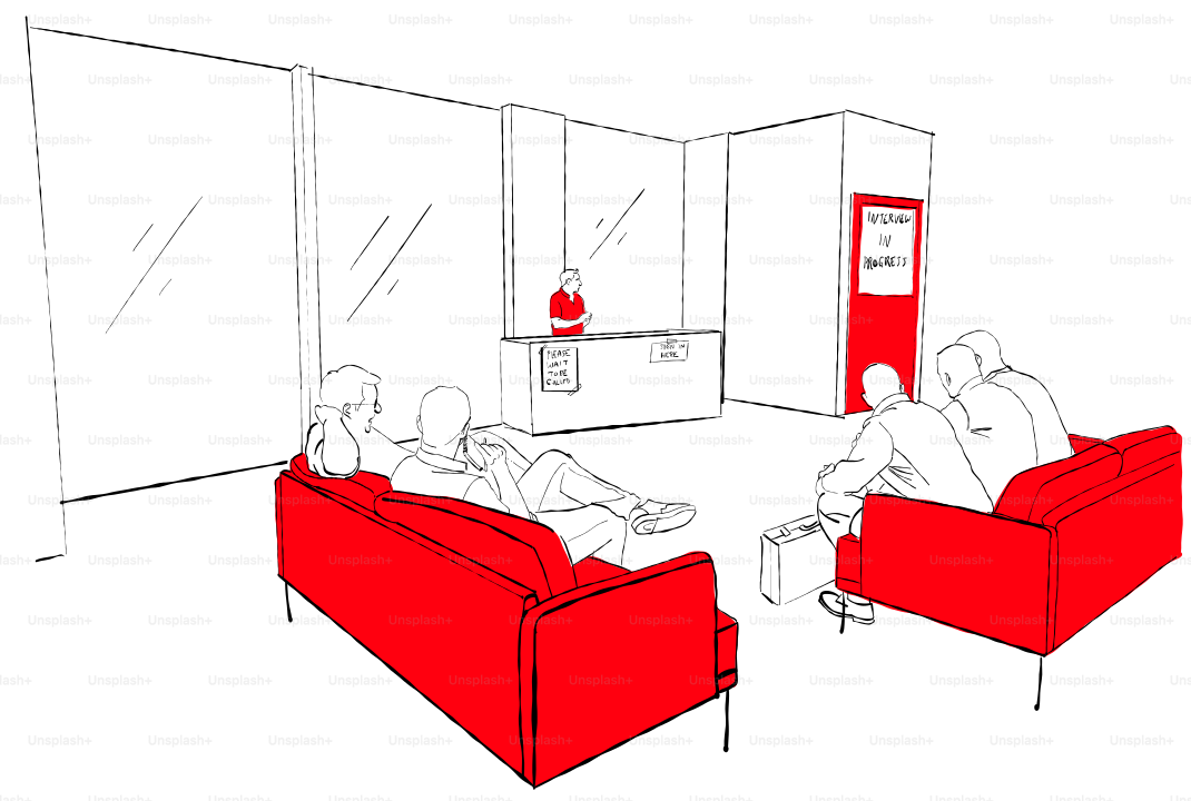 People relaxing on red sofas in a modern room.