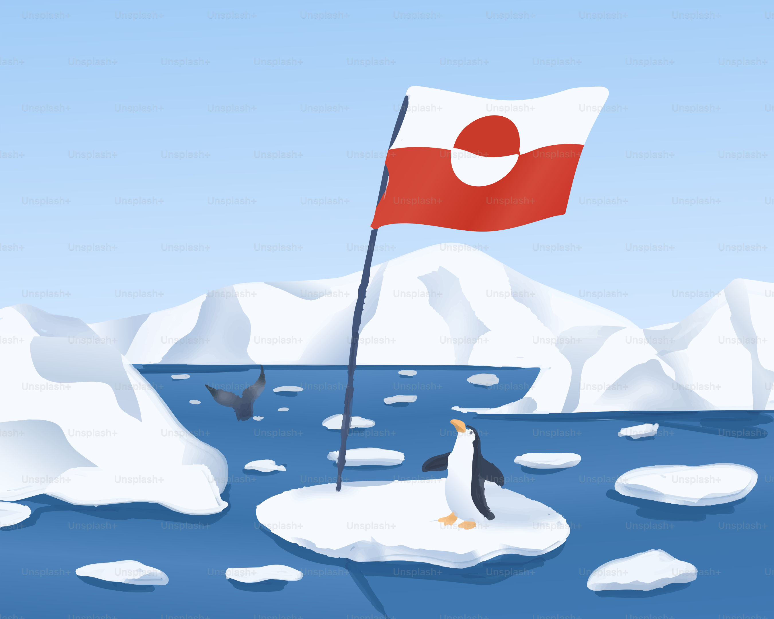 Ein Pinguin steht auf Eis mit der grünländischen Flagge.