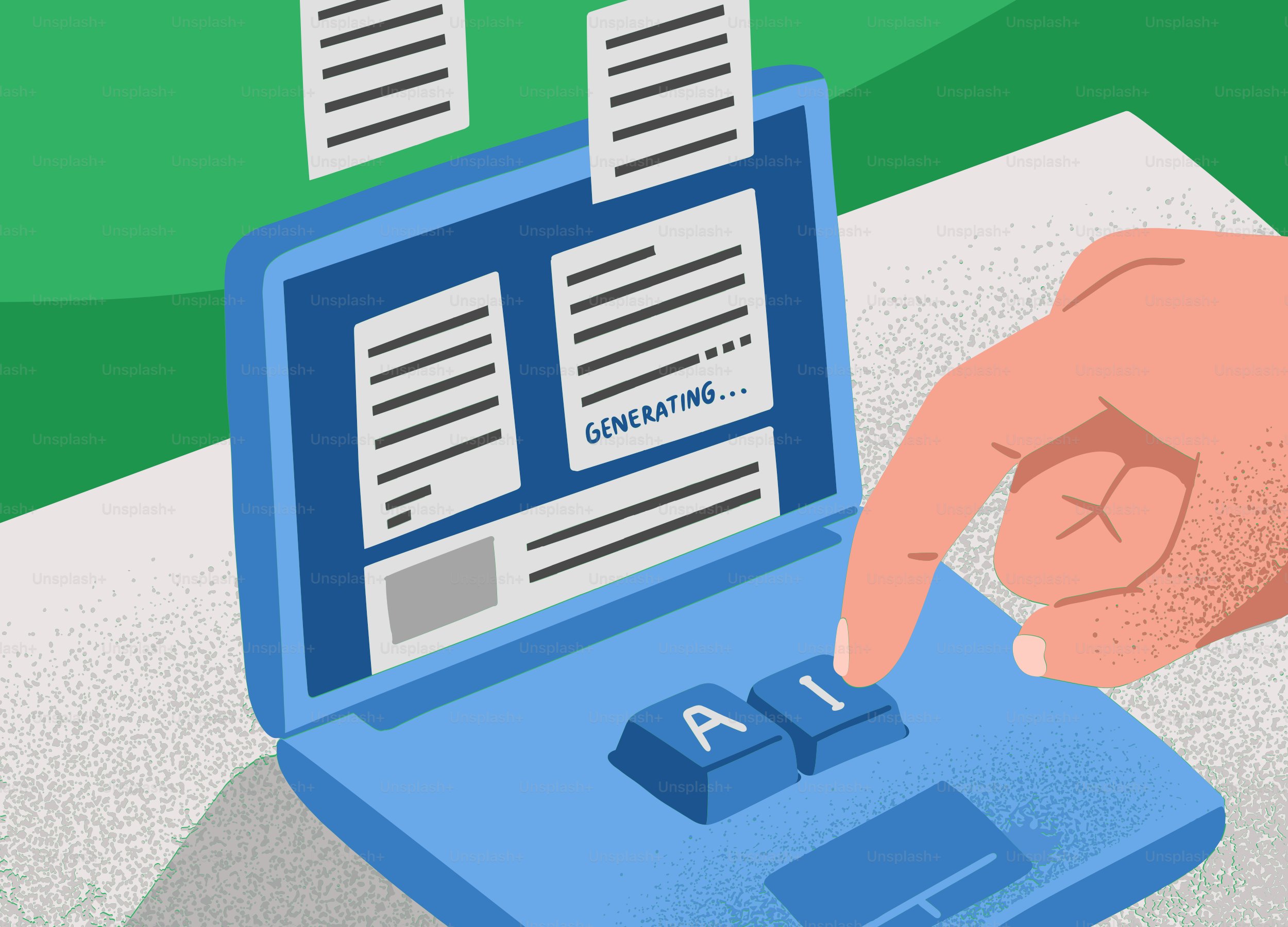 Appuyer sur le bouton IA sur un ordinateur portable générant du contenu.