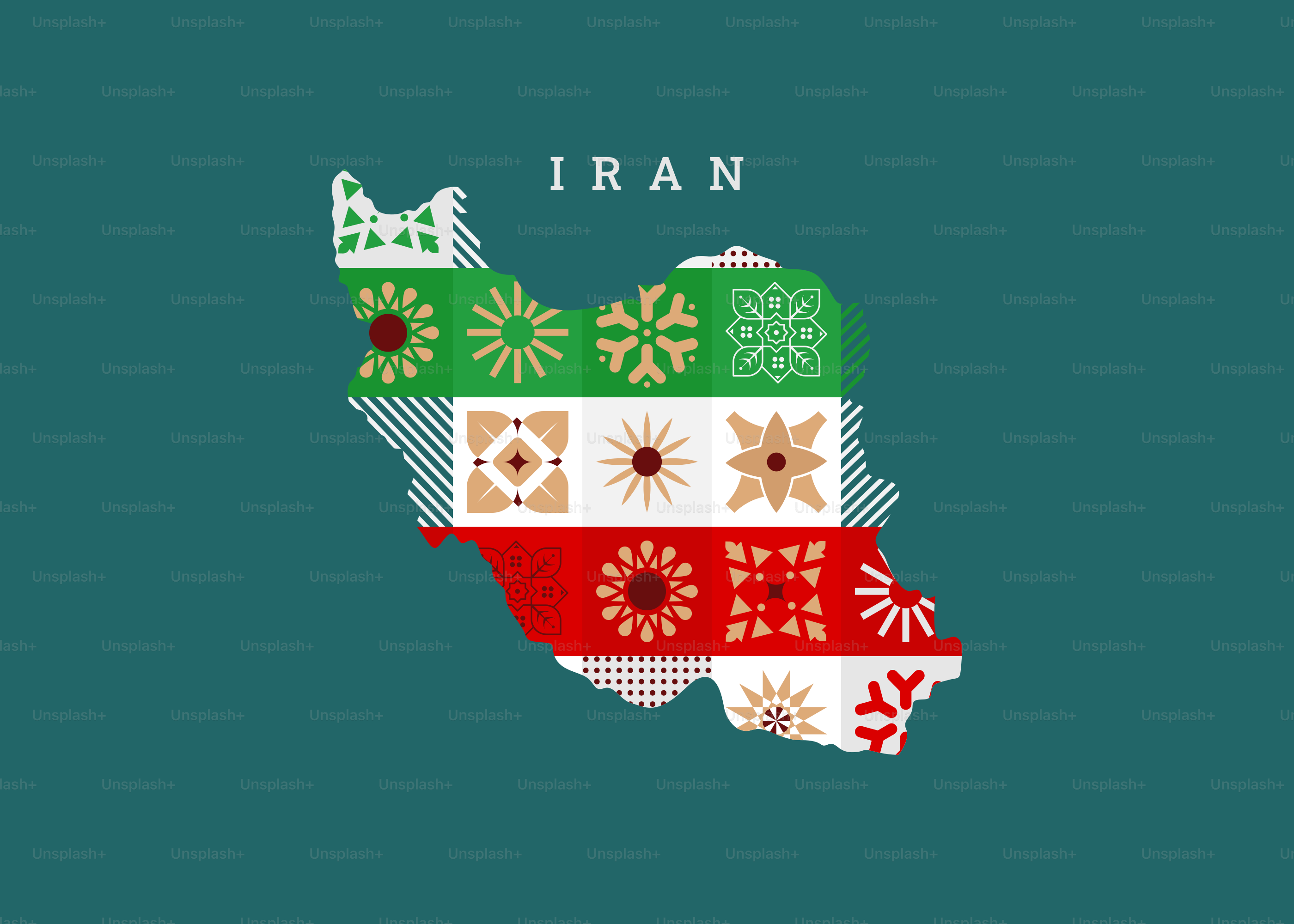 Map of iran with traditional patterns and floral patterns.