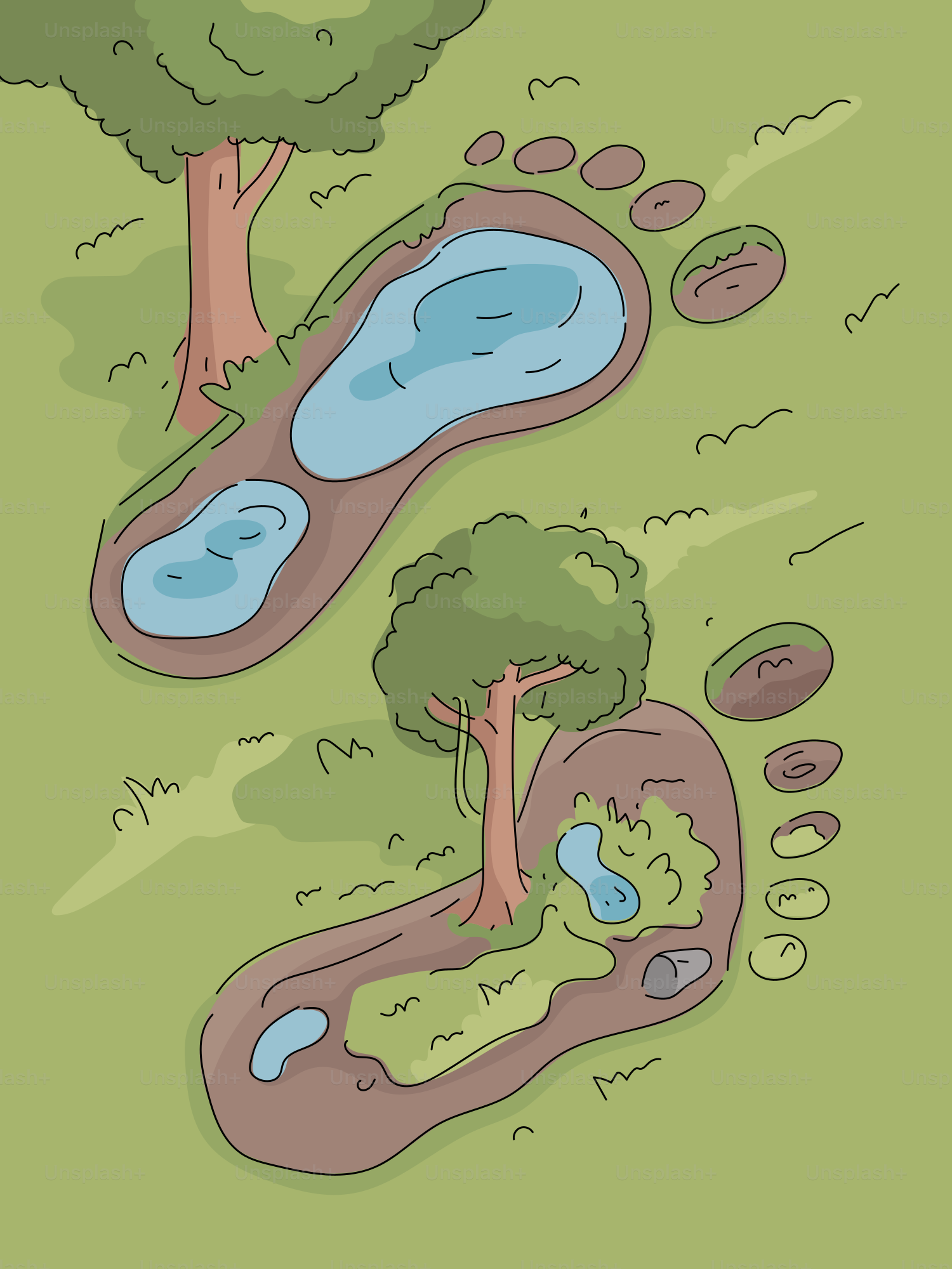 Footprints filled with water and trees on grass