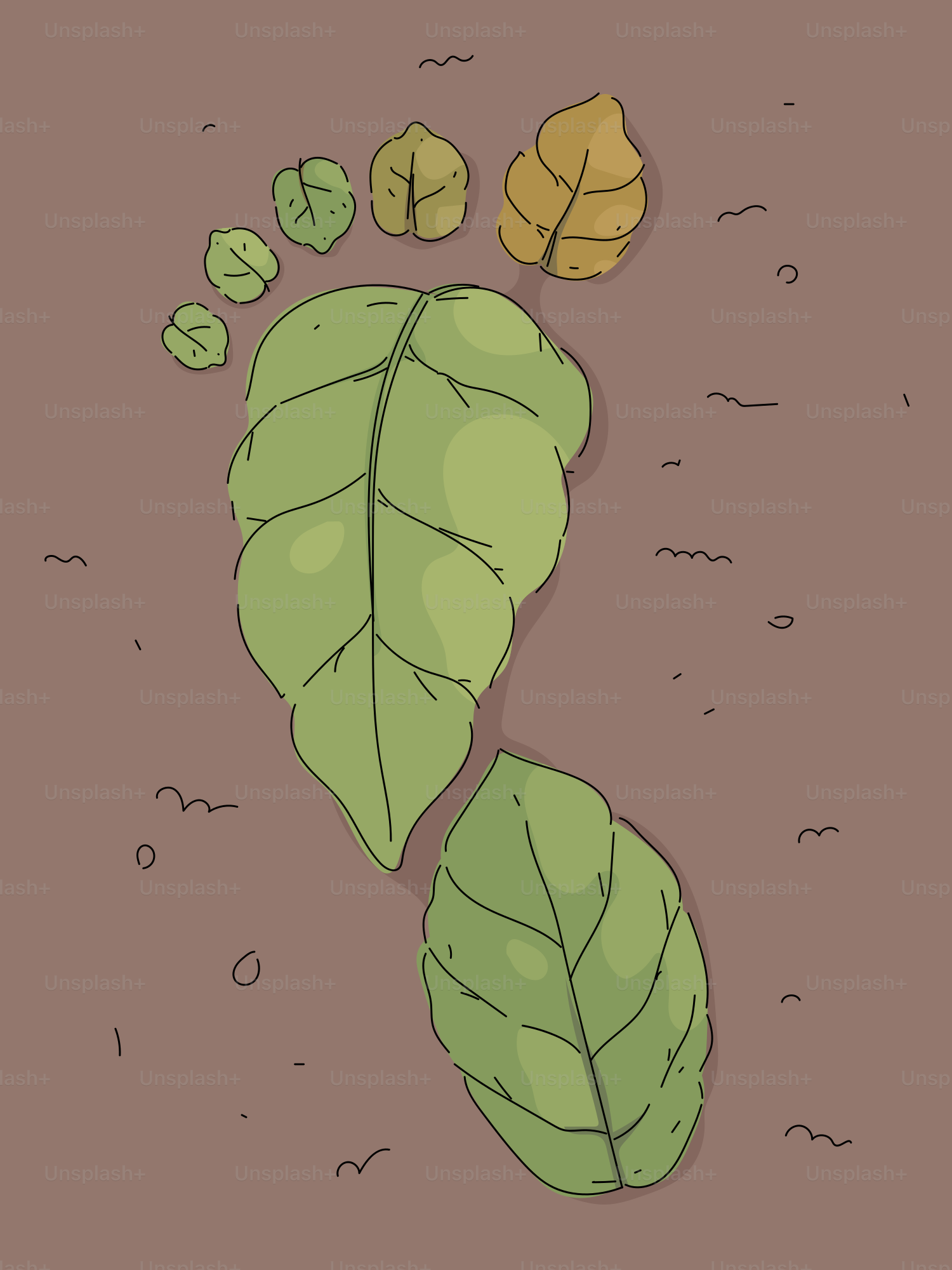 Fußabdruck aus Blättern auf braunem Boden