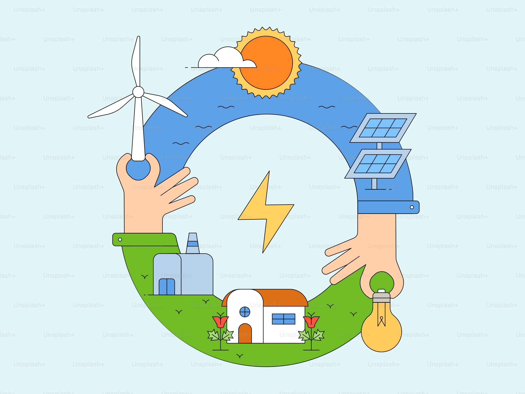 Fuentes de energía renovable que alimentan un hogar y una industria sostenibles.