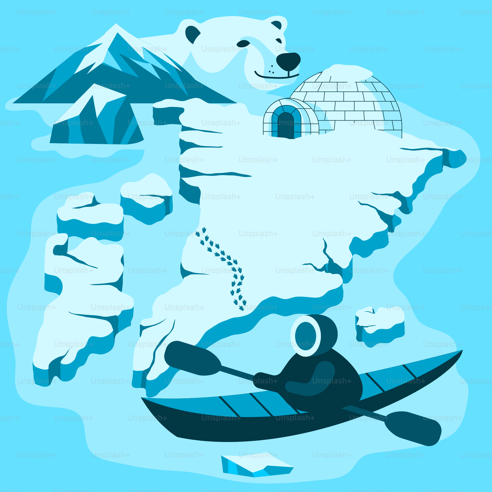 Paysage arctique avec ours polaire, igloo et kayakiste