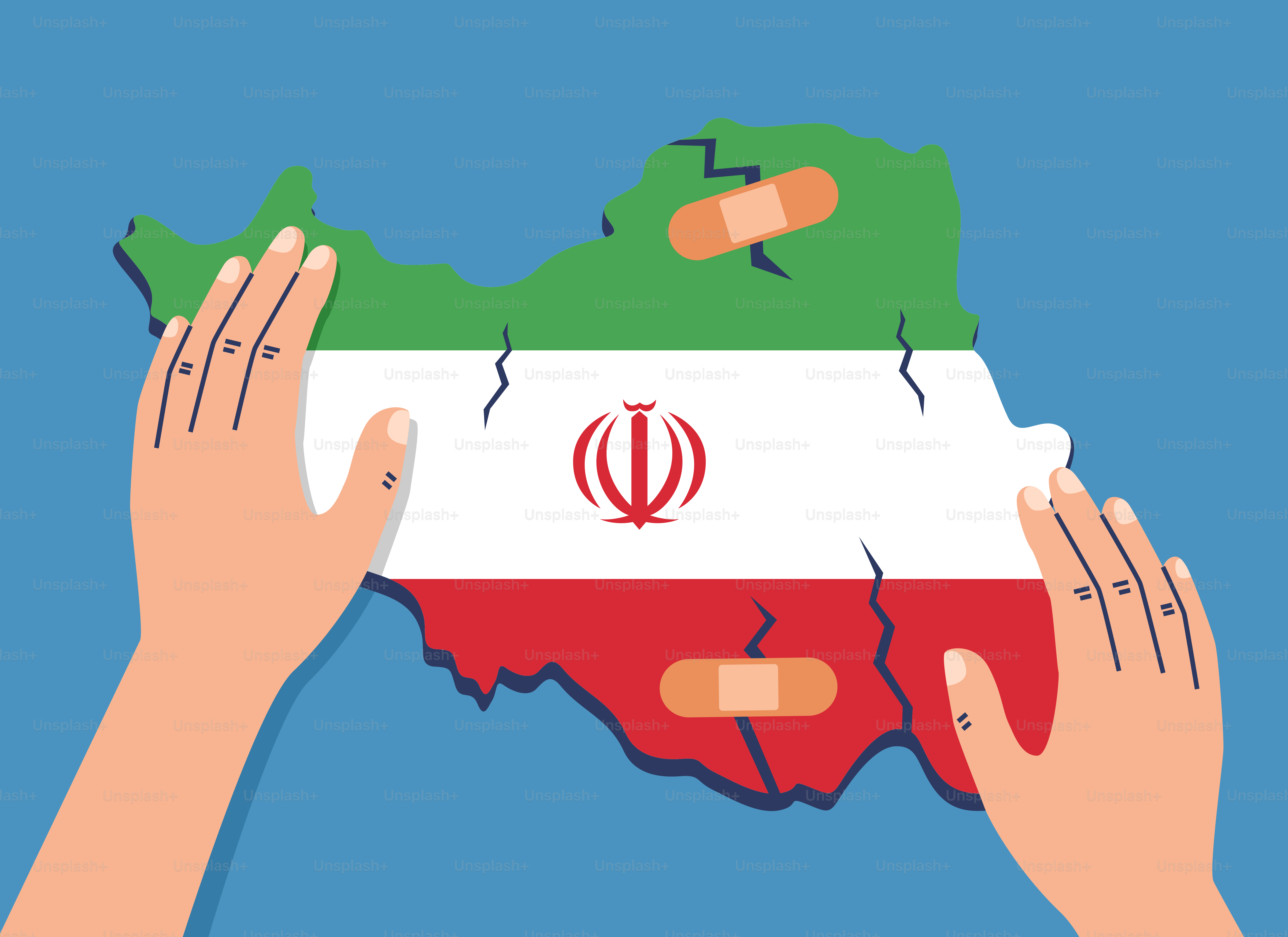 Hands holding a cracked map of iran with bandages