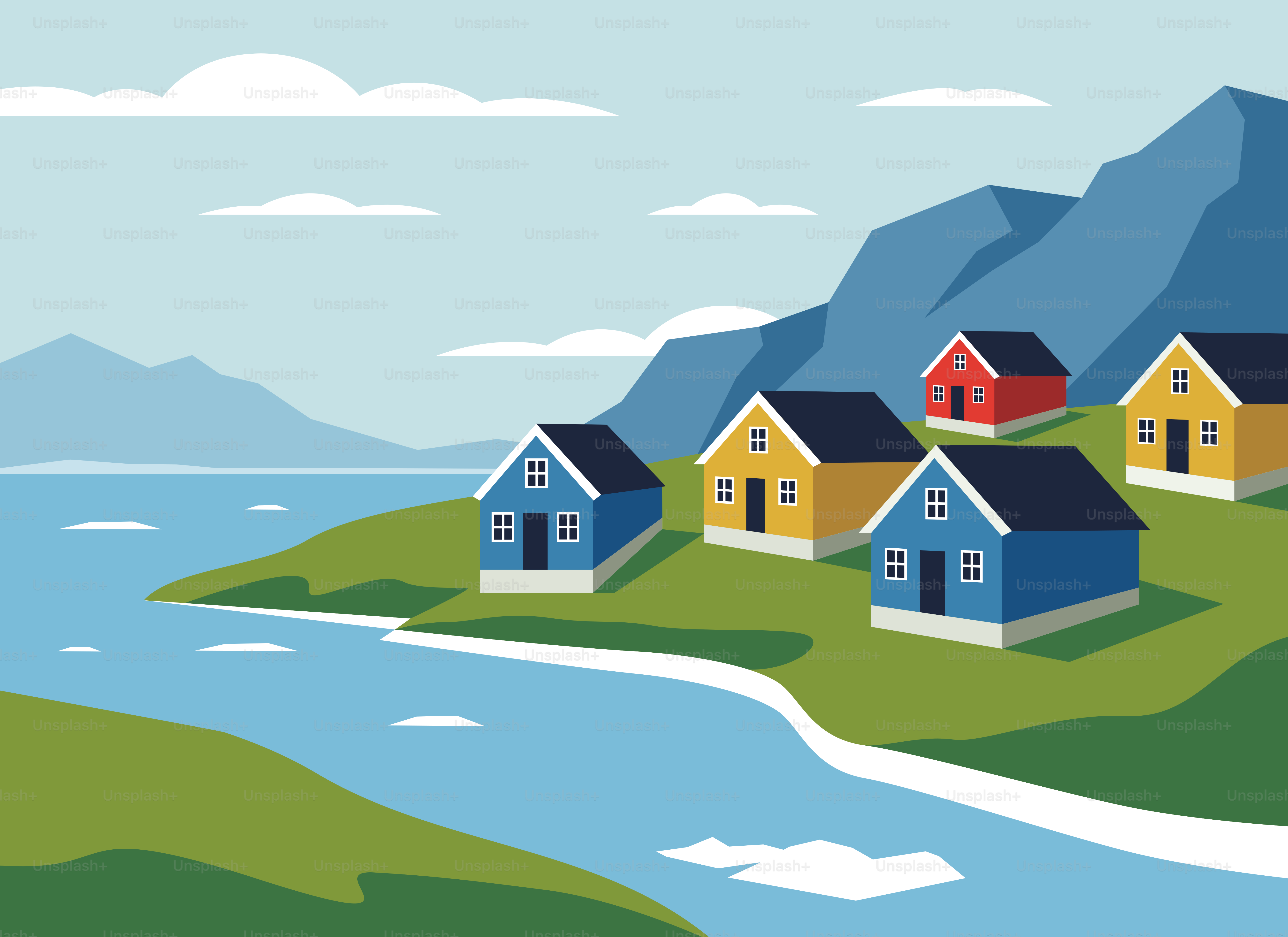 Case colorate costeggiano un paesaggio costiero sereno.