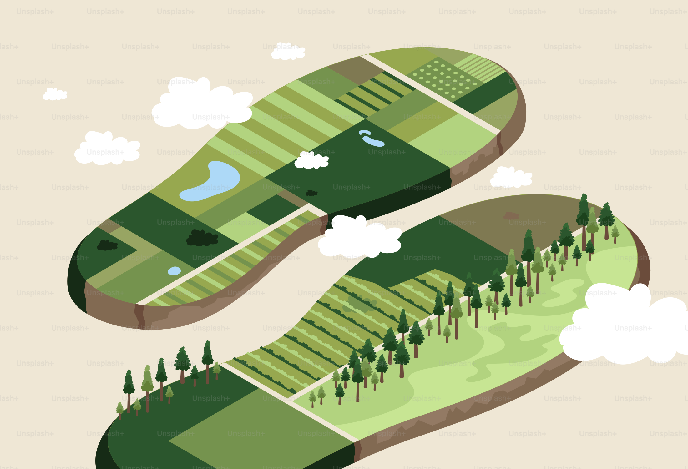 Dos suelas de zapatos con forma de paisajes con campos y árboles.