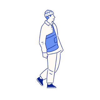 Un homme portant un bonnet et un gilet avance.