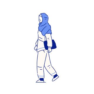 Woman in blue hijab walking with a bag