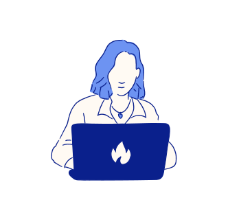 Woman working on a laptop with a flame logo.