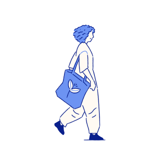 Person carrying a blue tote bag with a plant design.