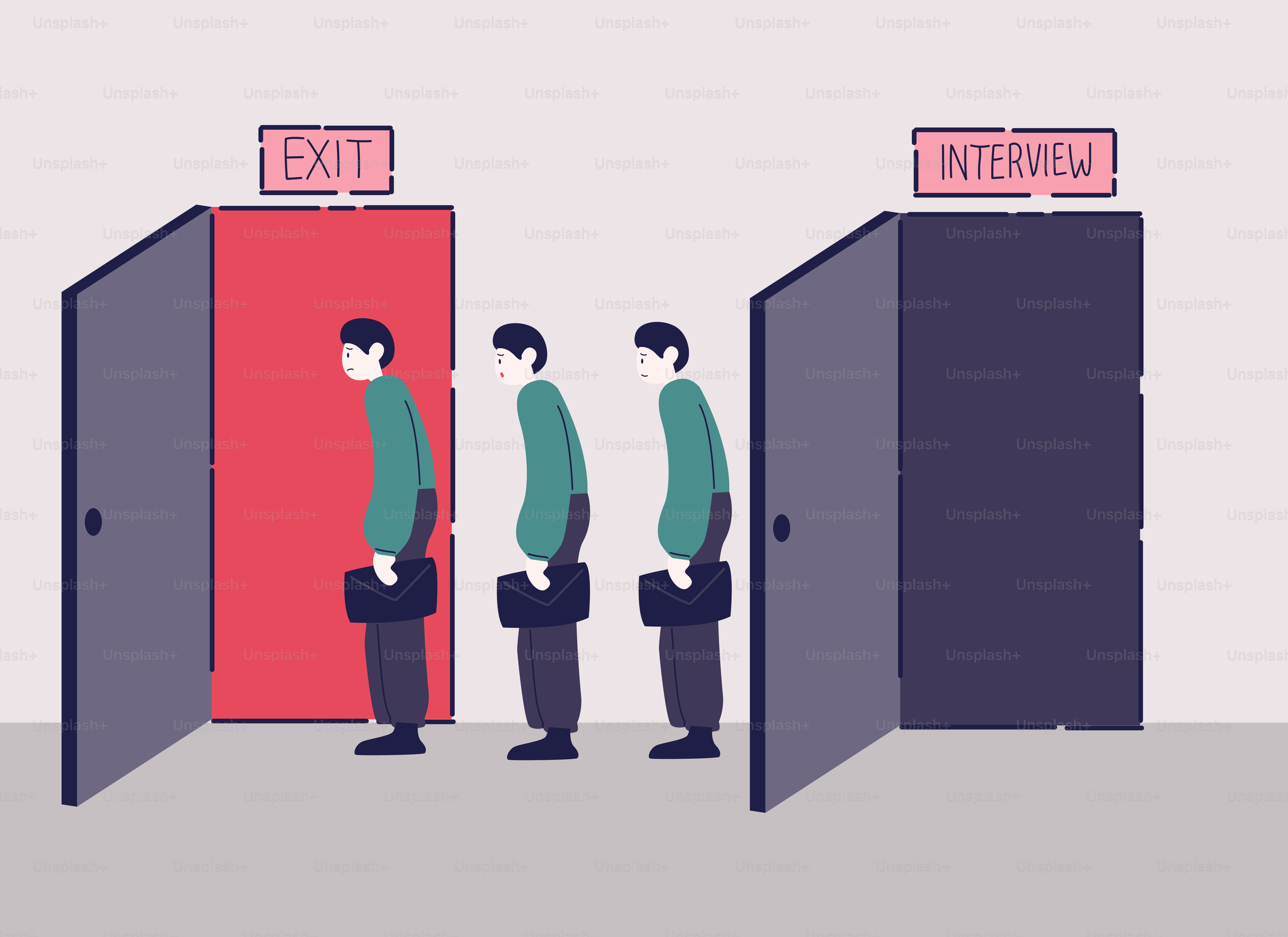 Des hommes en costume attendant en file pour l’entretien