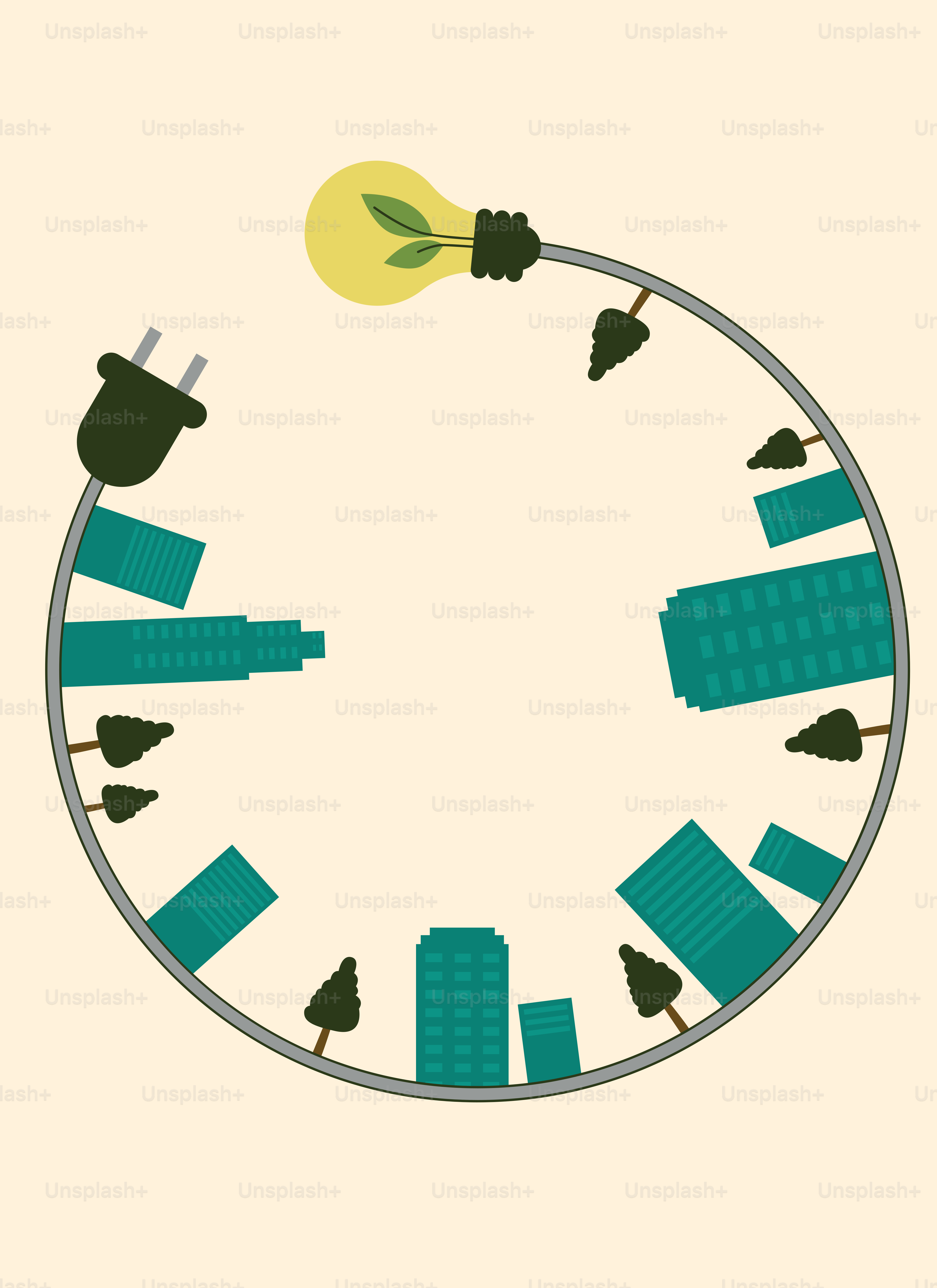 Ampoule avec des plantes et des bâtiments urbains en cercle