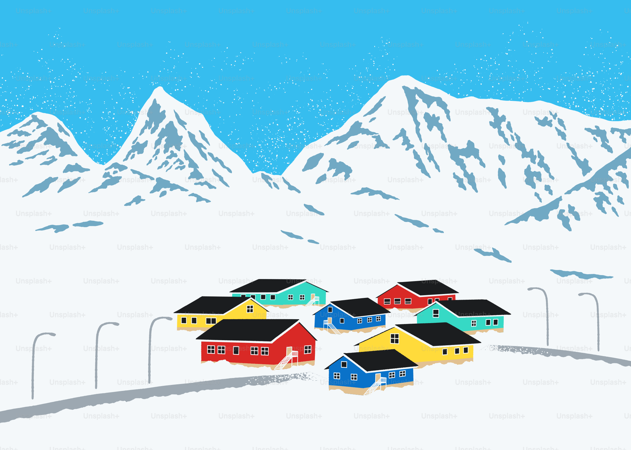 Case colorate in un villaggio di montagna innevato