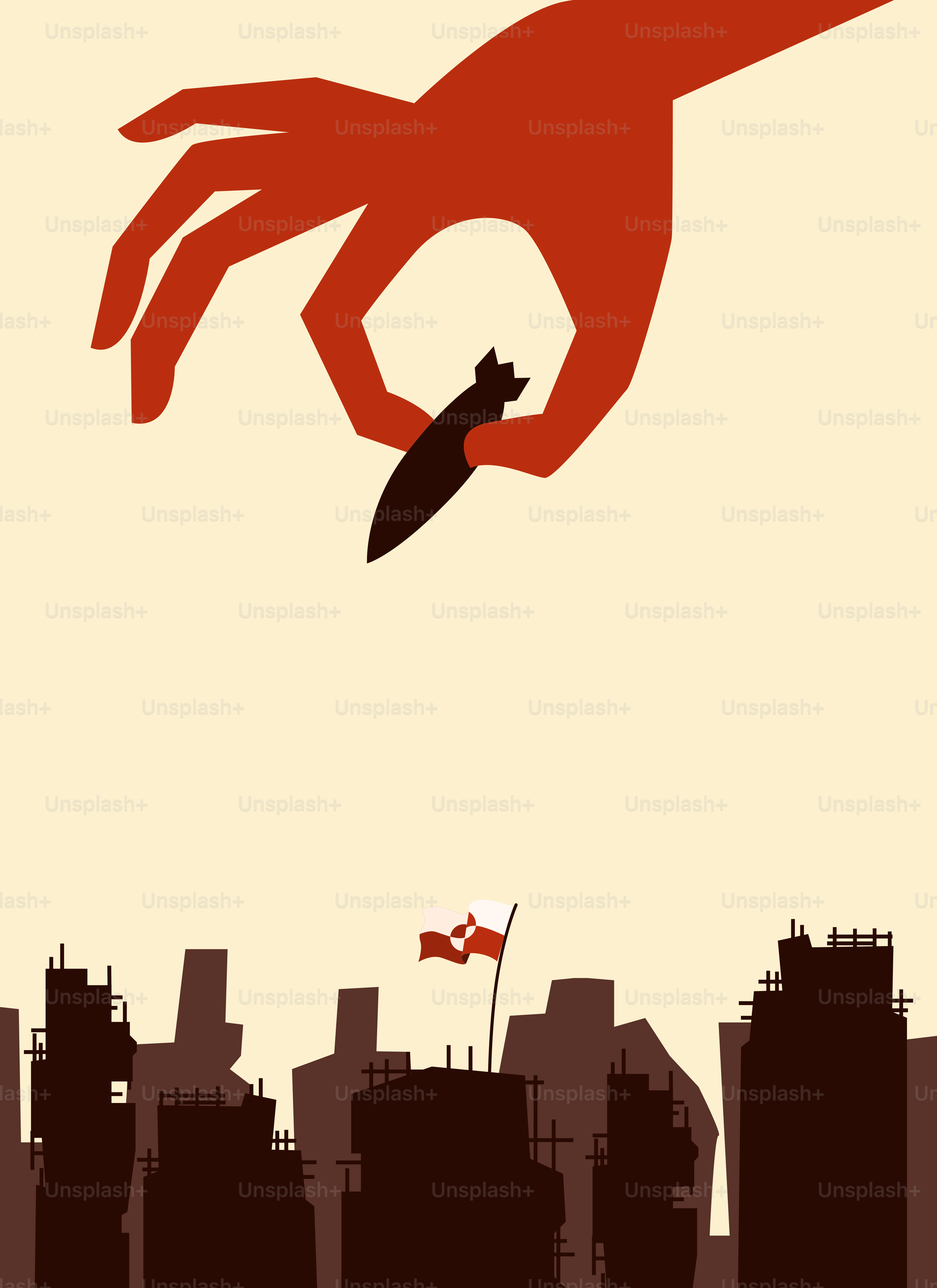 Main rouge larguant une bombe sur une ville en ruines avec un drapeau