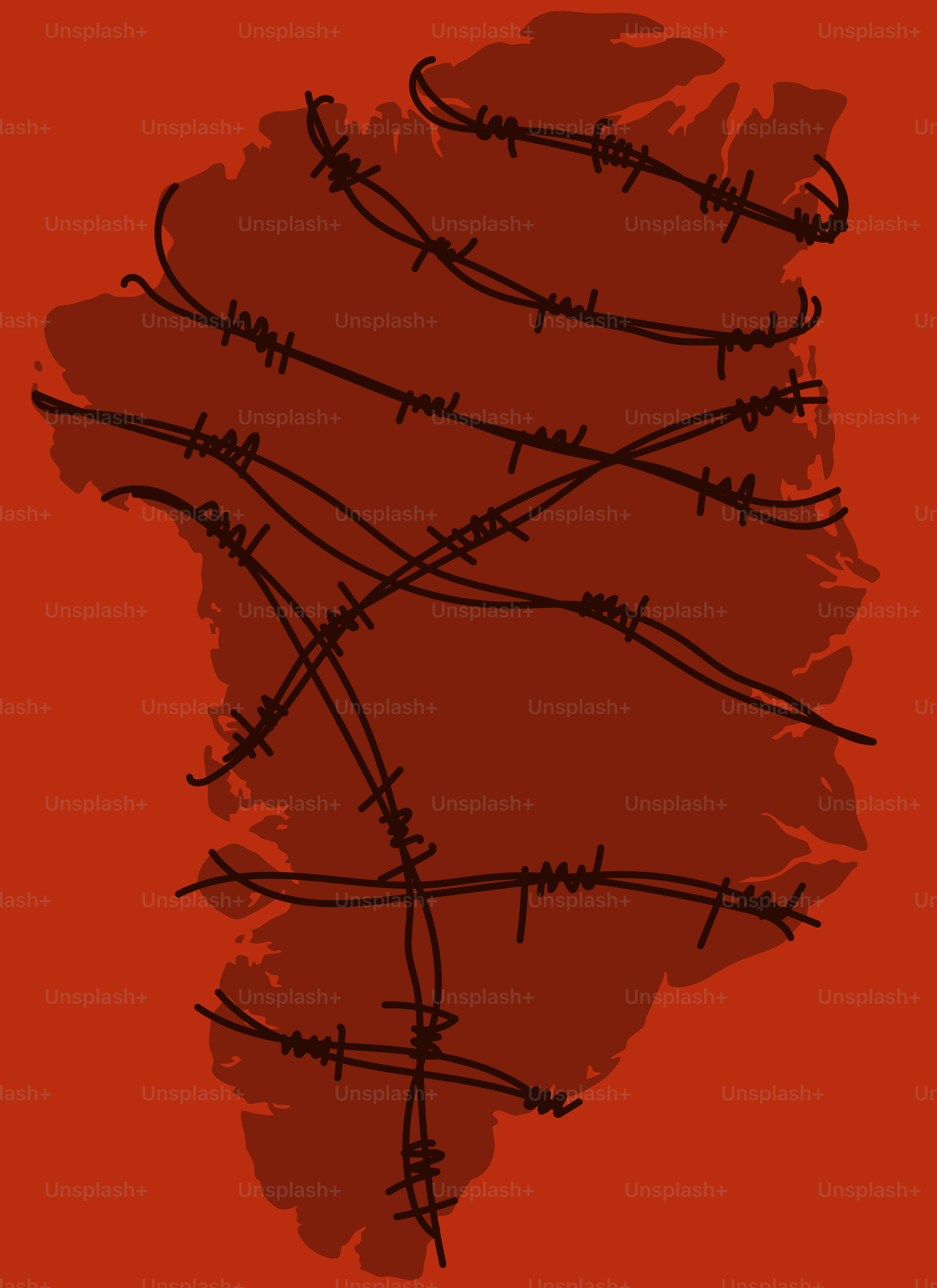 Barbed wire across a red silhouette of greenland.