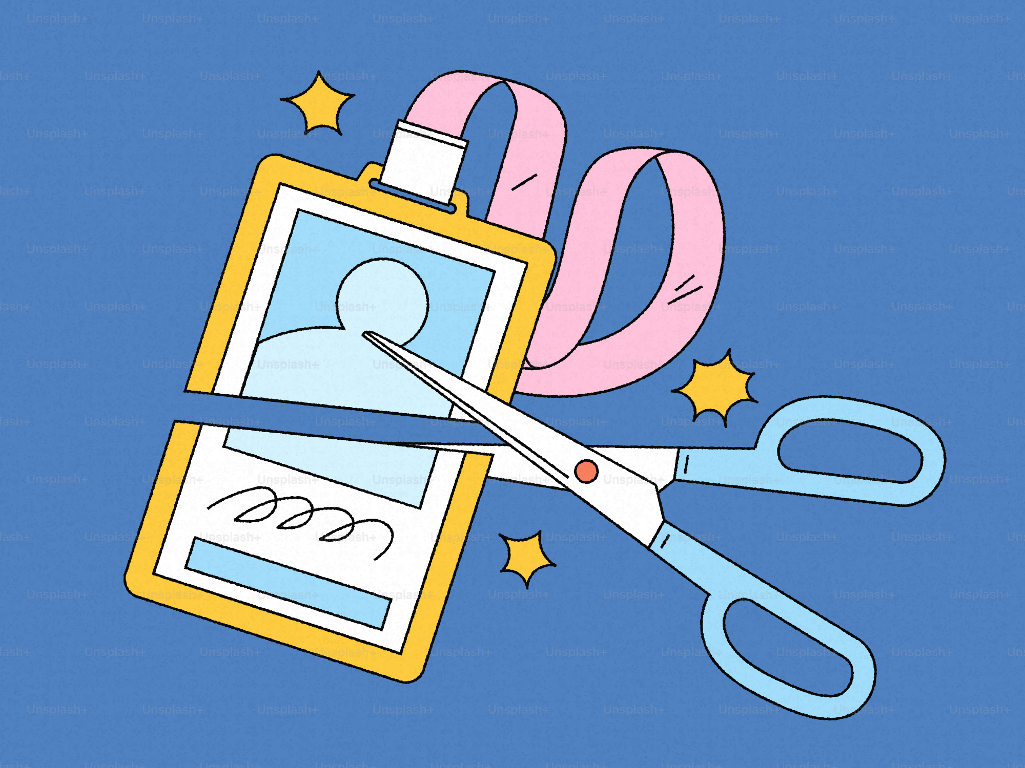 Scissors cutting an identification badge in half.