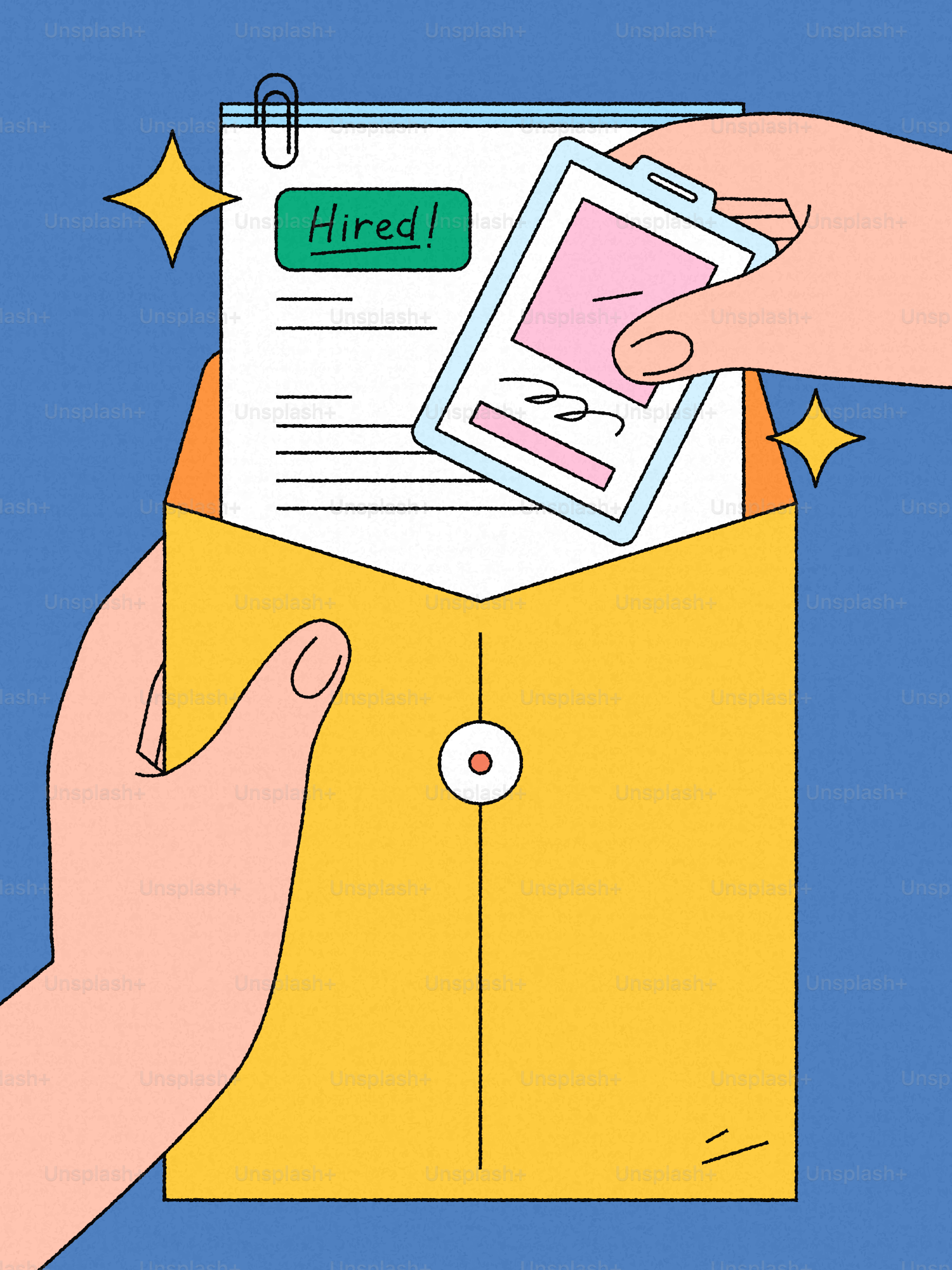 Hands holding a letter and badge from an envelope.
