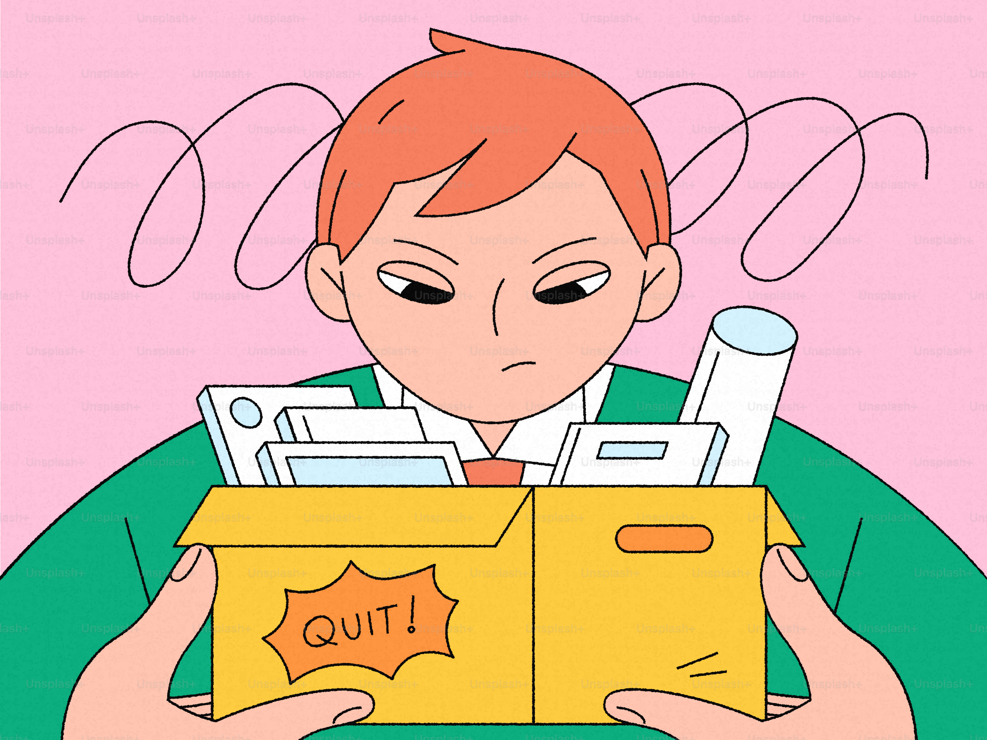 Man holding box of personal items with "quit!" sign.