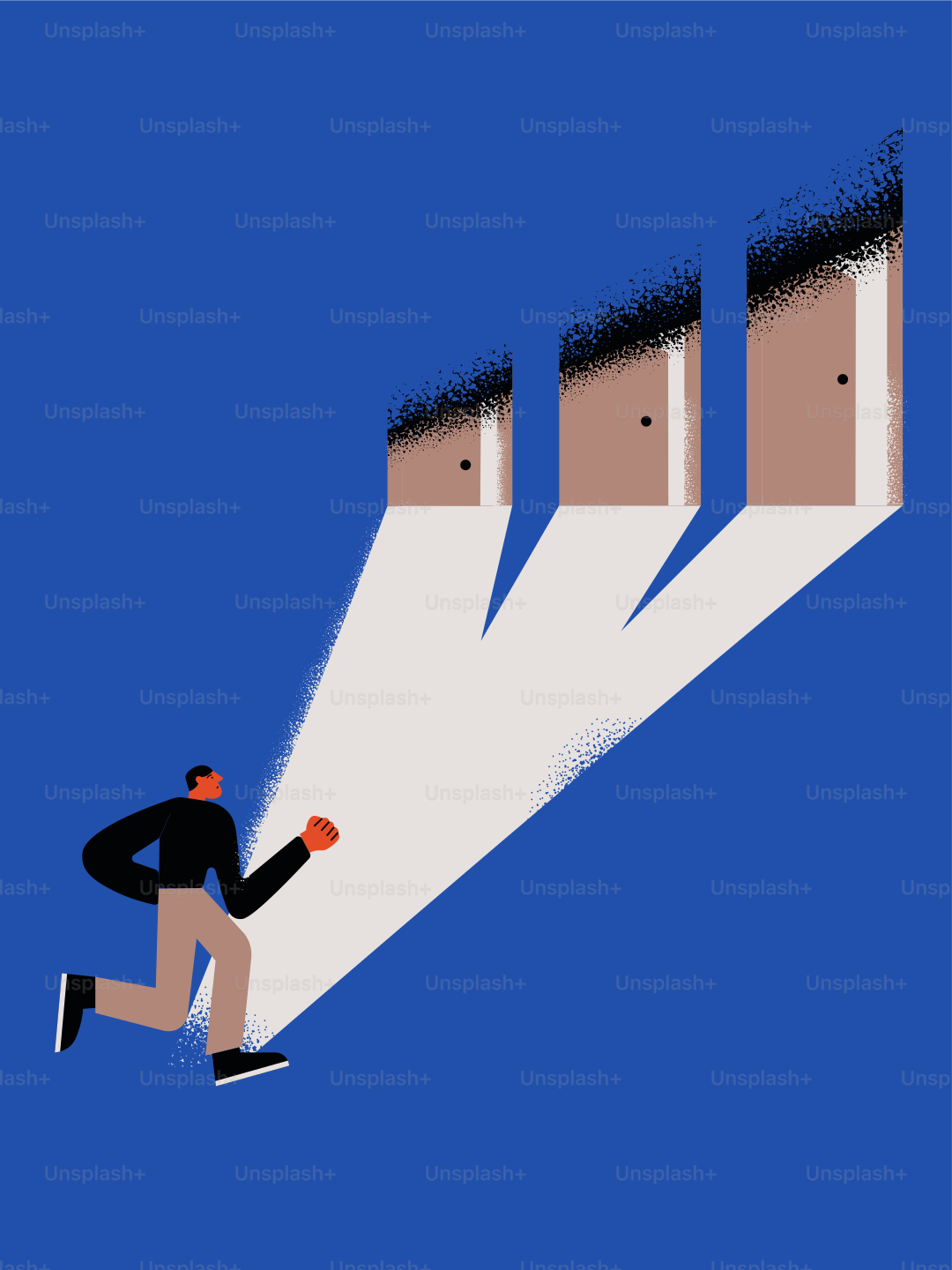 Man running towards three lit doors in blue background