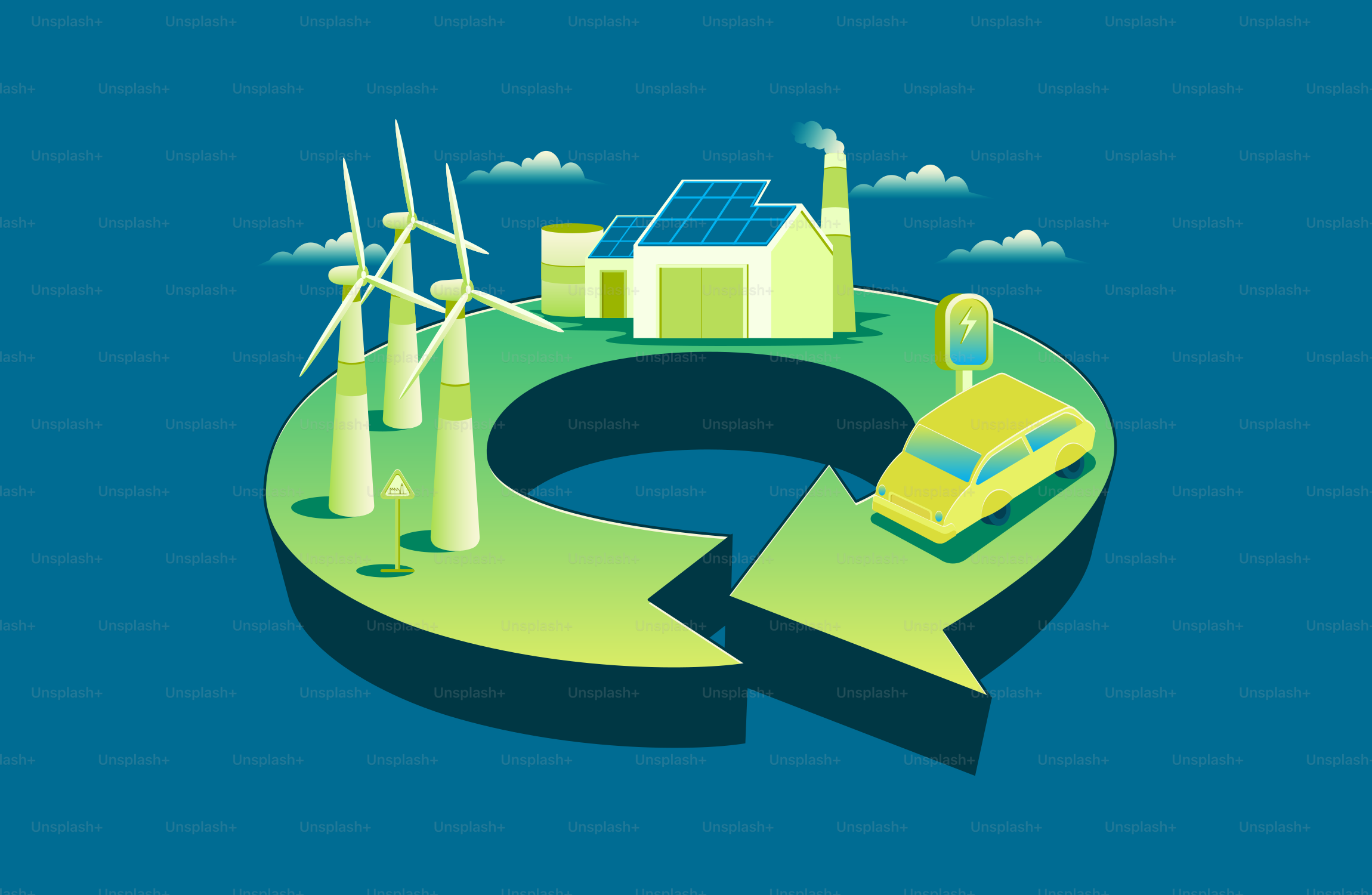 Ciclo de energia renovável com turbinas eólicas e carros elétricos.