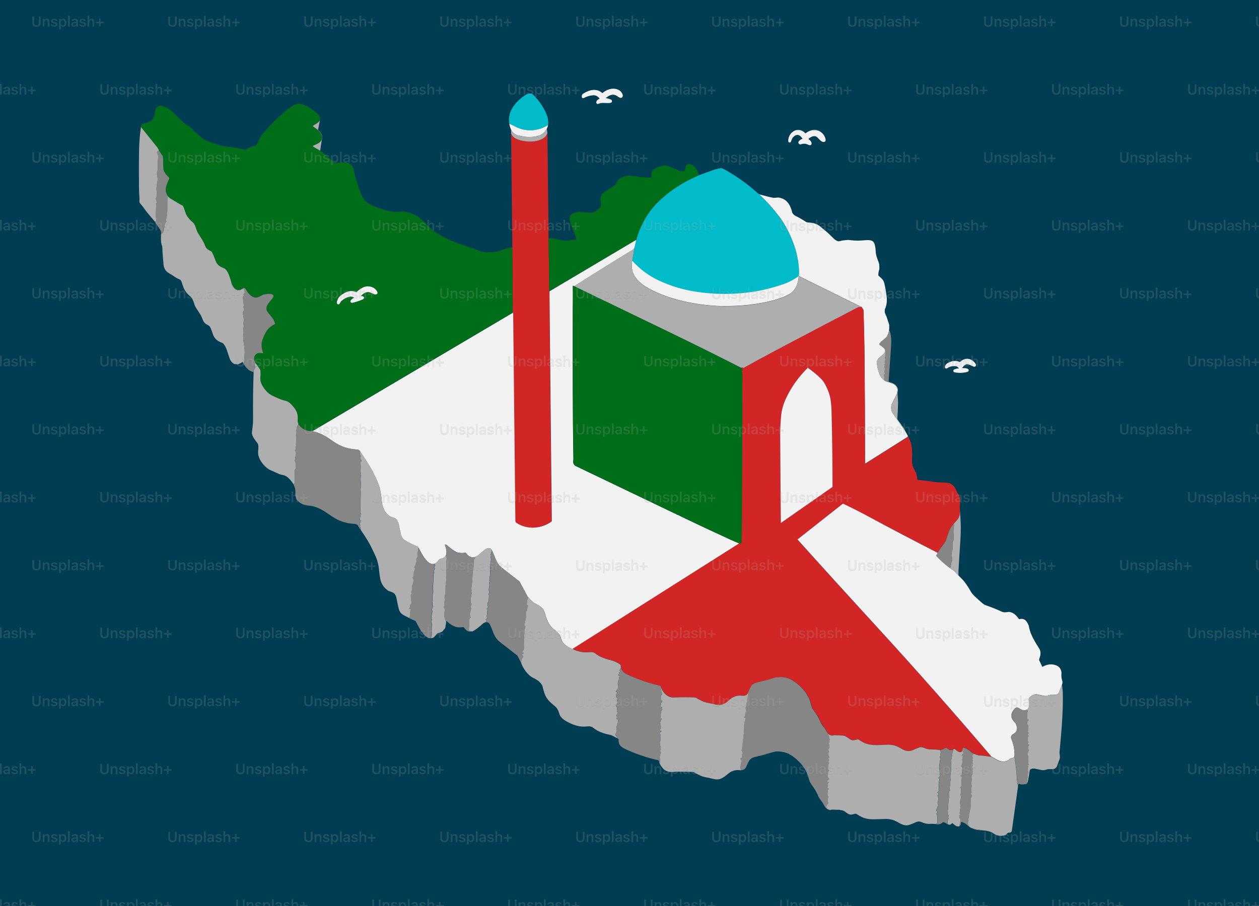 Mapa de Irán con monumento religioso y aves