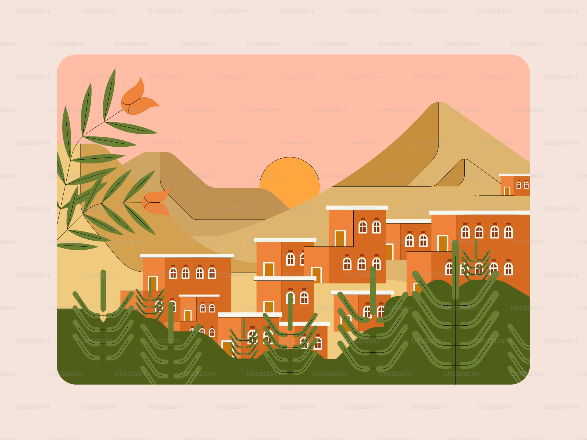 Villaggio nel deserto al tramonto con montagne e fogliame.