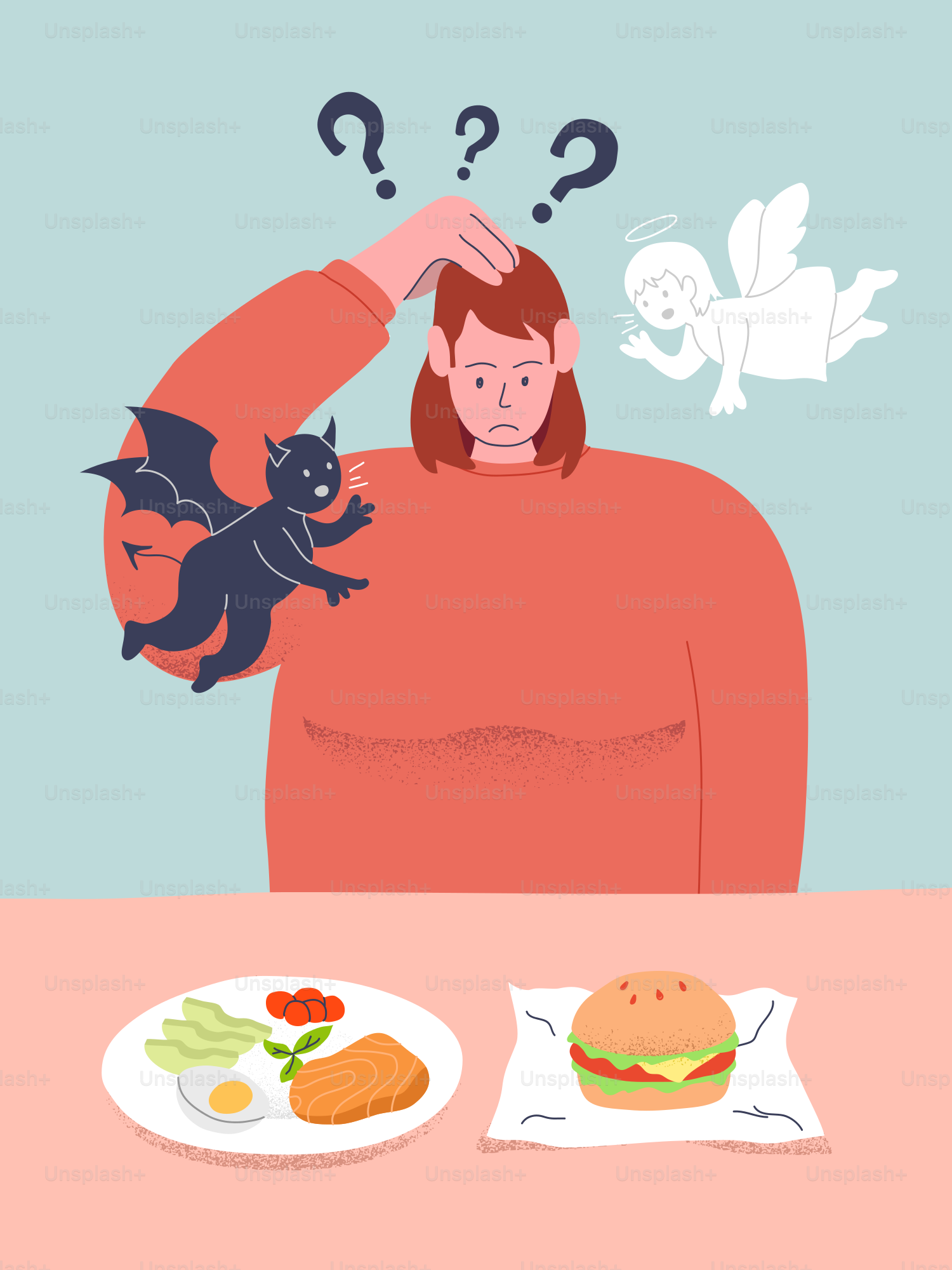 Persona que elige entre comida saludable y una hamburguesa