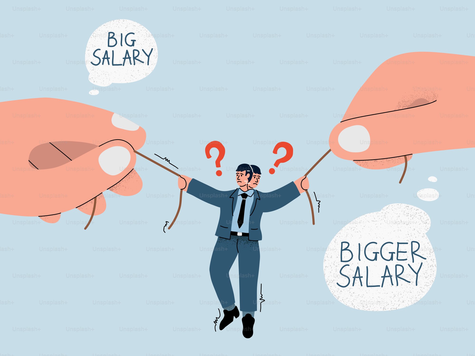 Hombre dividido entre ofertas salariales grandes y mayores