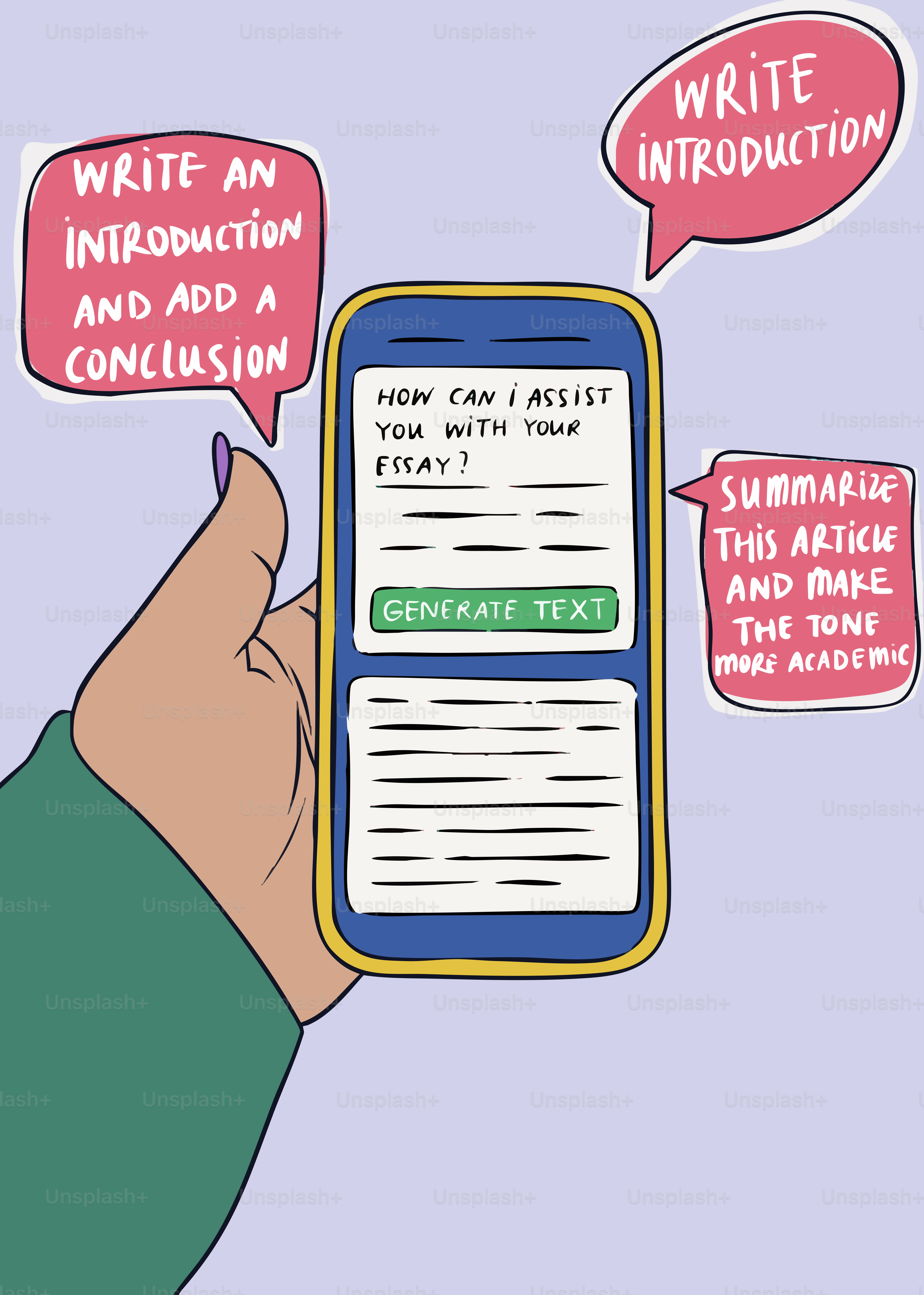 Handhalt am Telefon mit KI-Aufsatz-Schreibanforderungen.