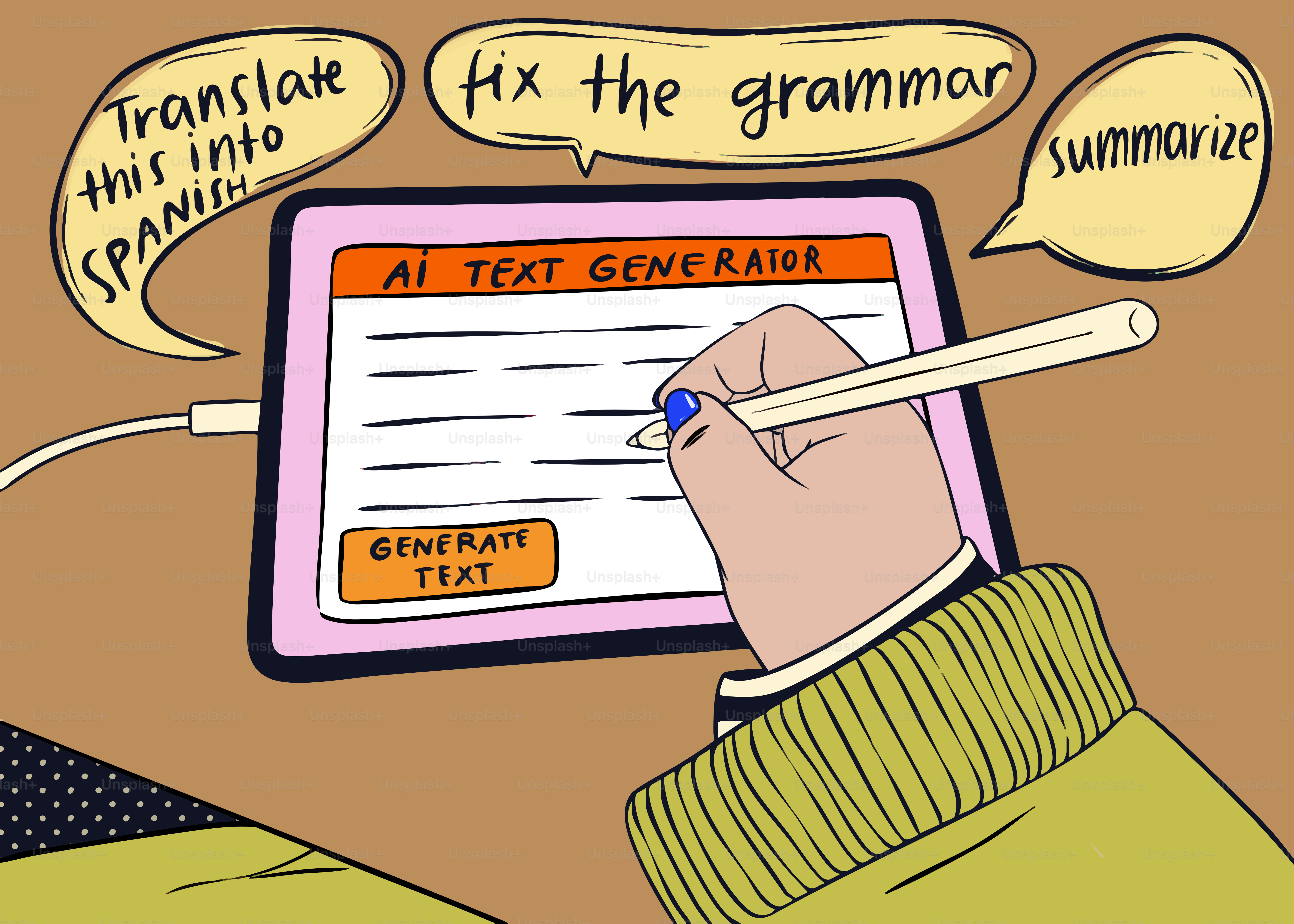 Person, die das Tablet für KI-Textgenerierungsaufgaben benutzt.