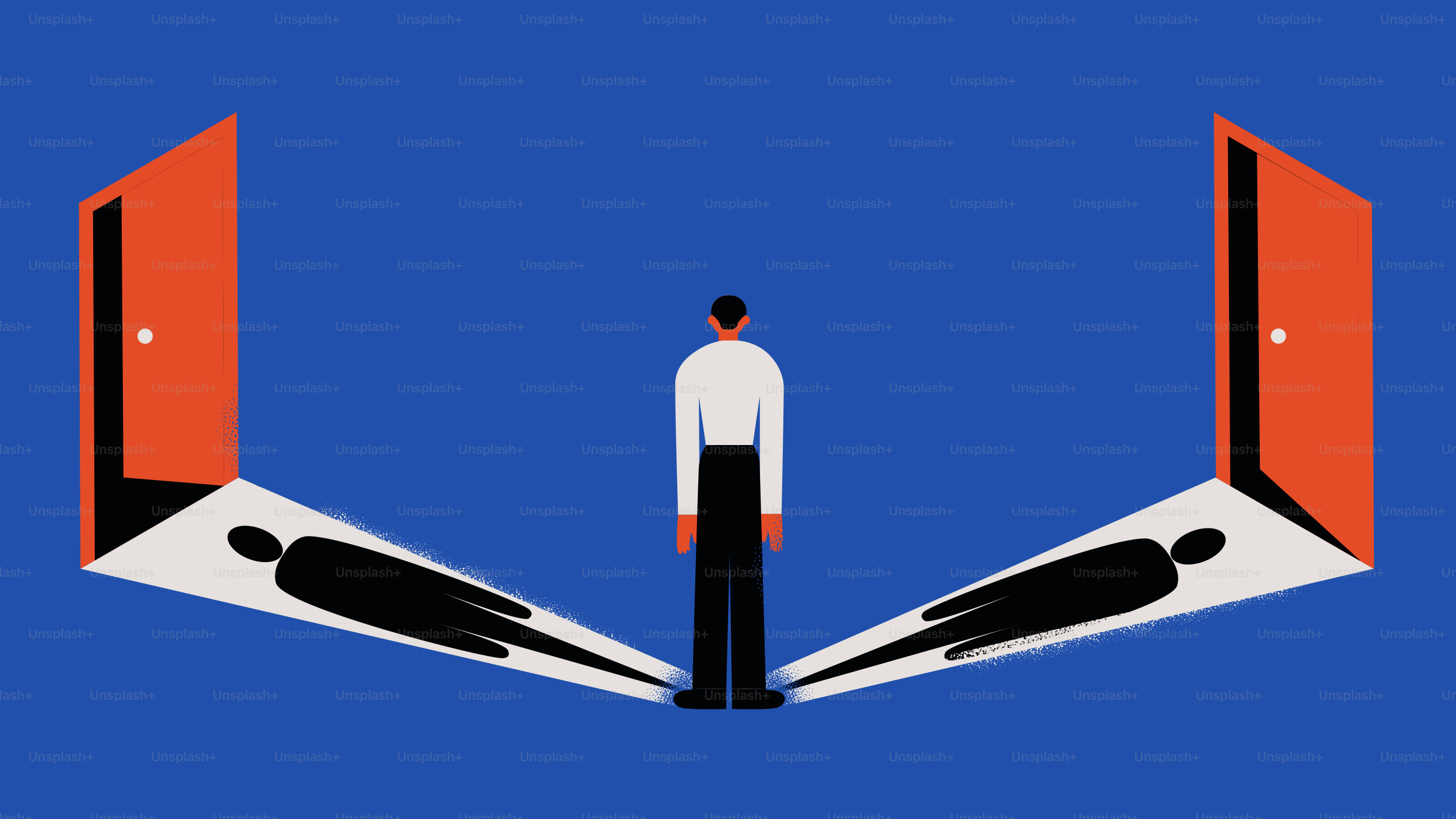 Man stands between two open doors with shadows.