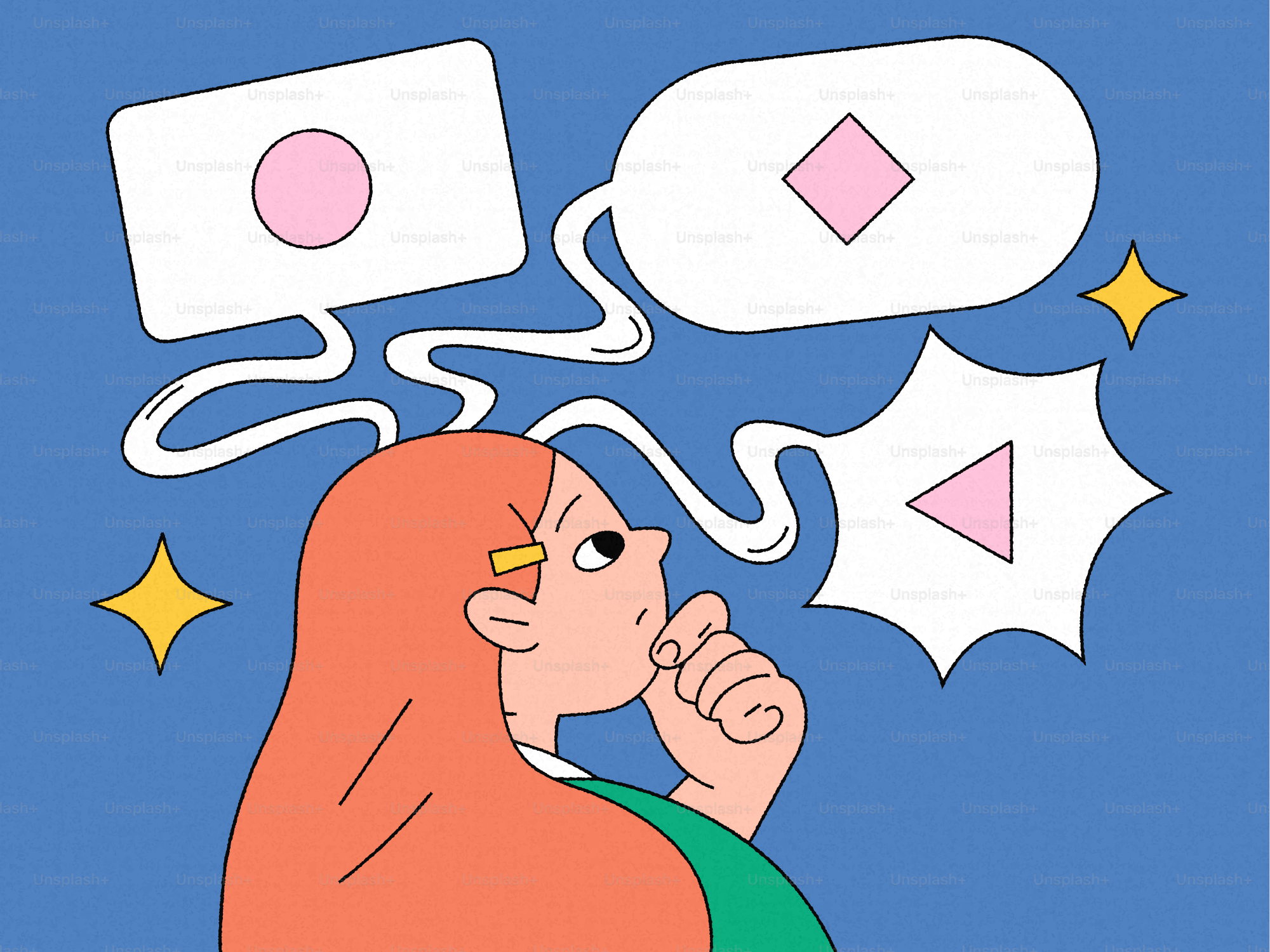 Donna che pensa con forme che fluttuano sopra la sua testa