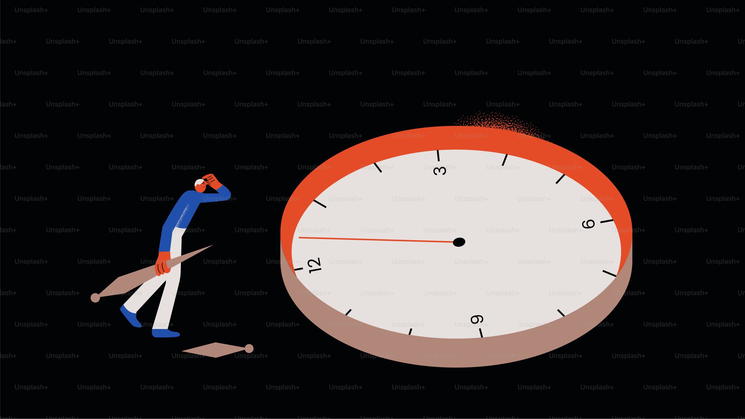 Homem correndo em direção a um grande relógio em fundo preto