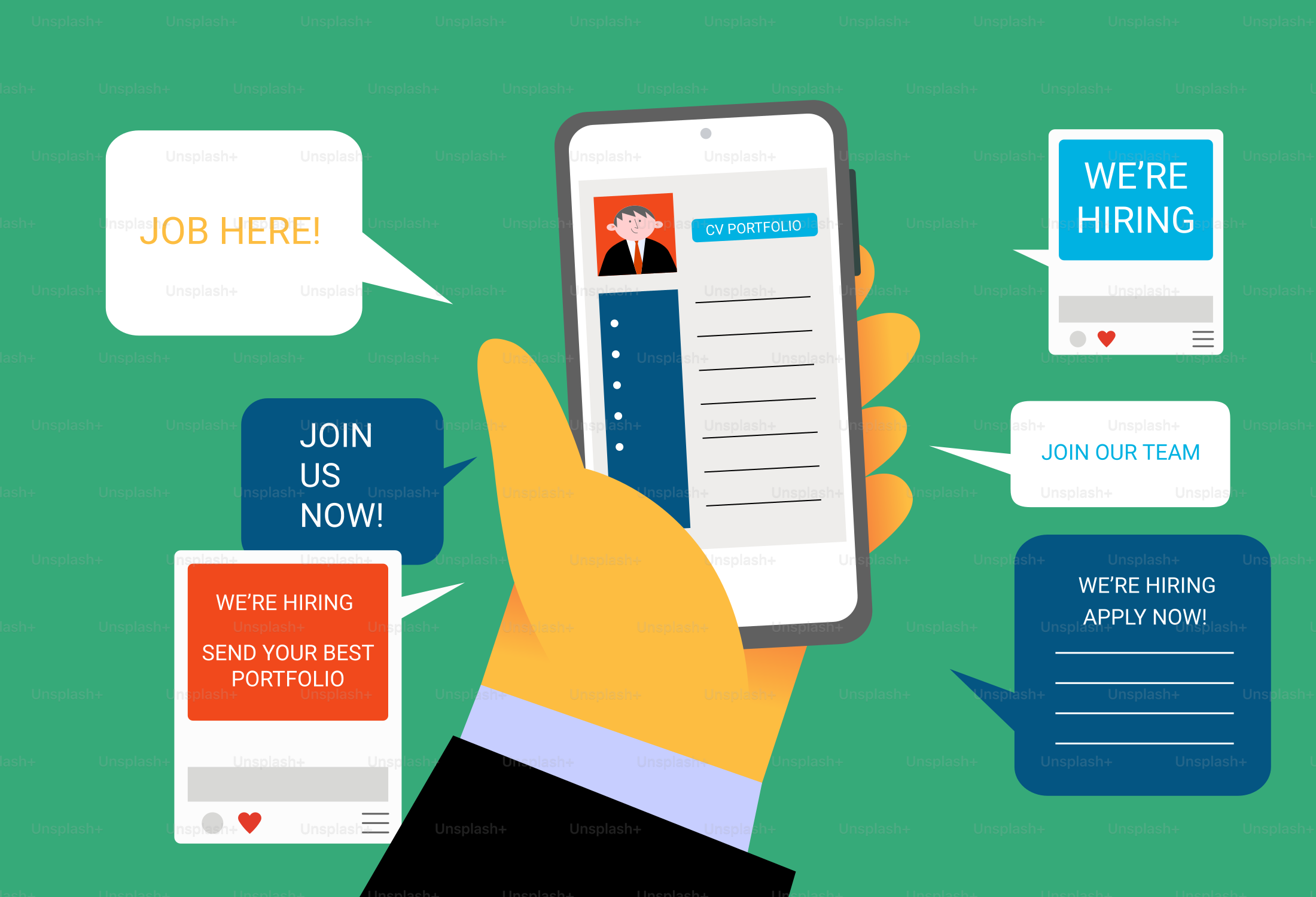 Hand hält Hand, mit Stellenanzeigen herumgehend