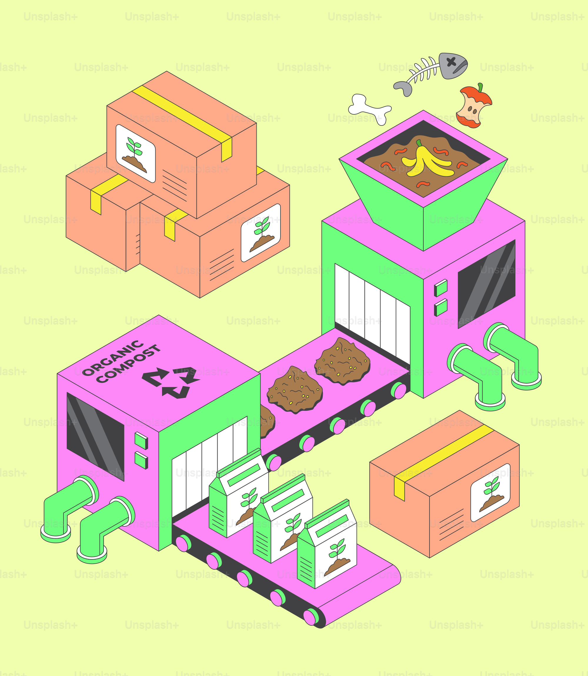 Planta de procesamiento de compost orgánico con cajas y cintas transportadoras