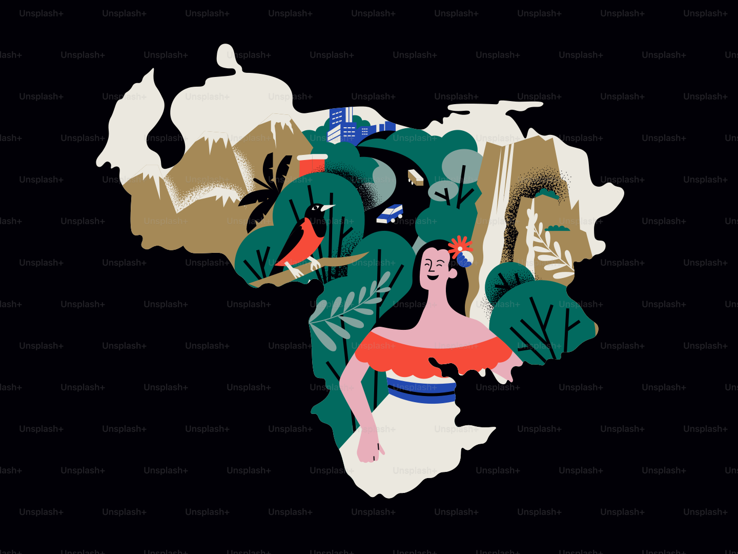 Stylized map of south america with cultural elements