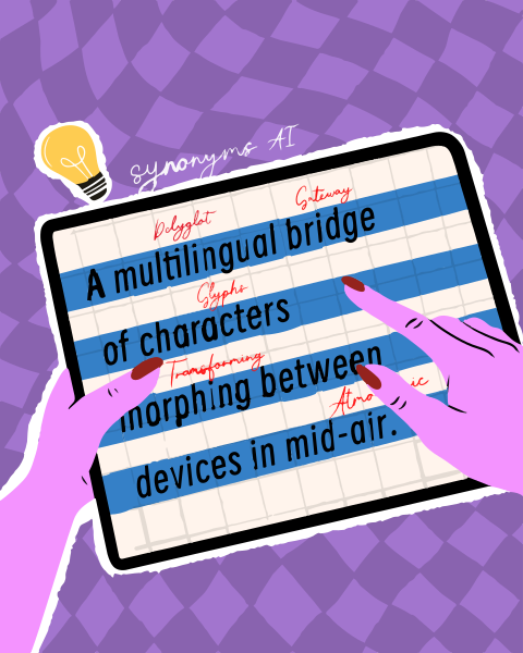 Hands touching tablet displaying text about ai synonyms