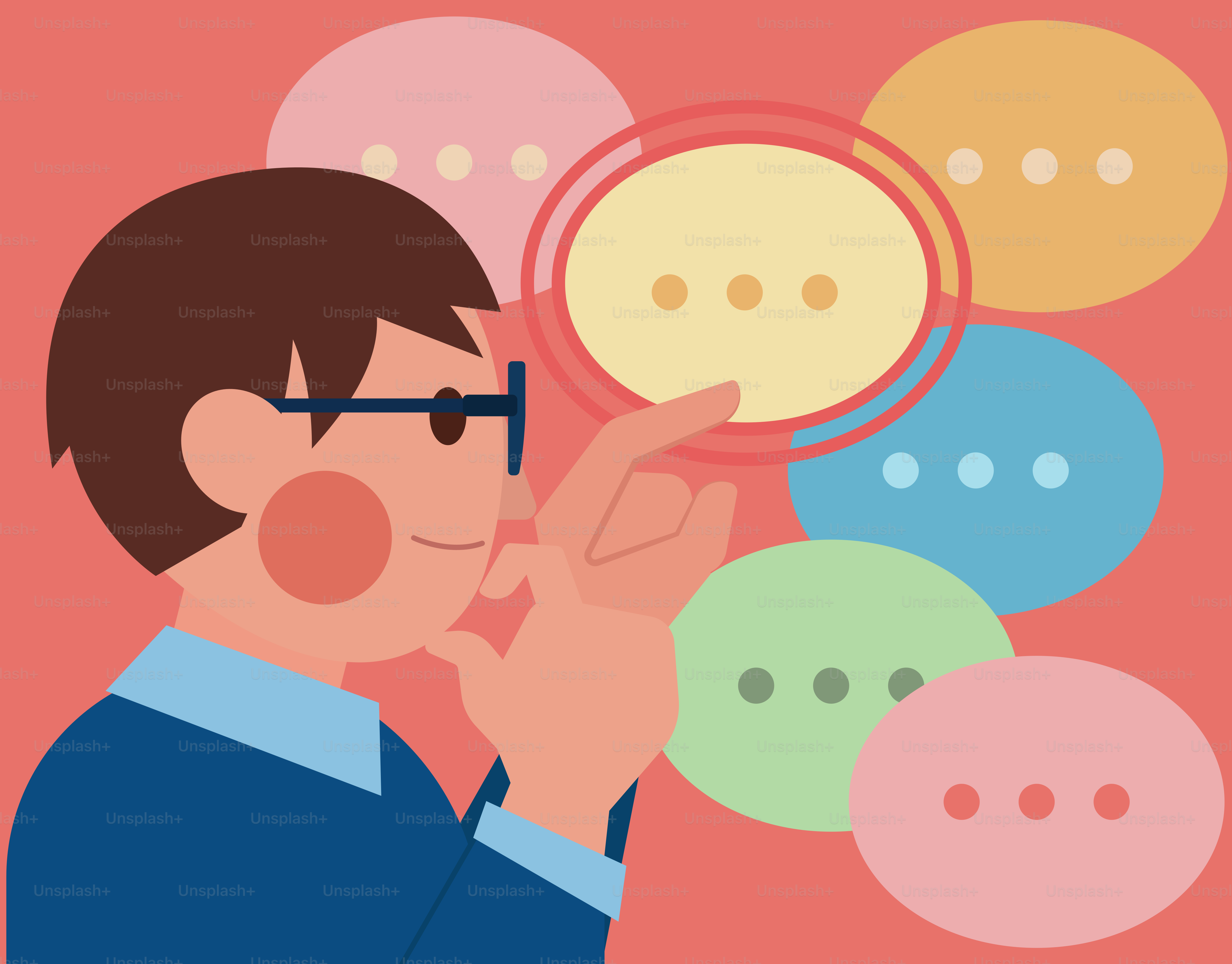 Homme à lunettes qui choisit une bulle de dialogue colorée.