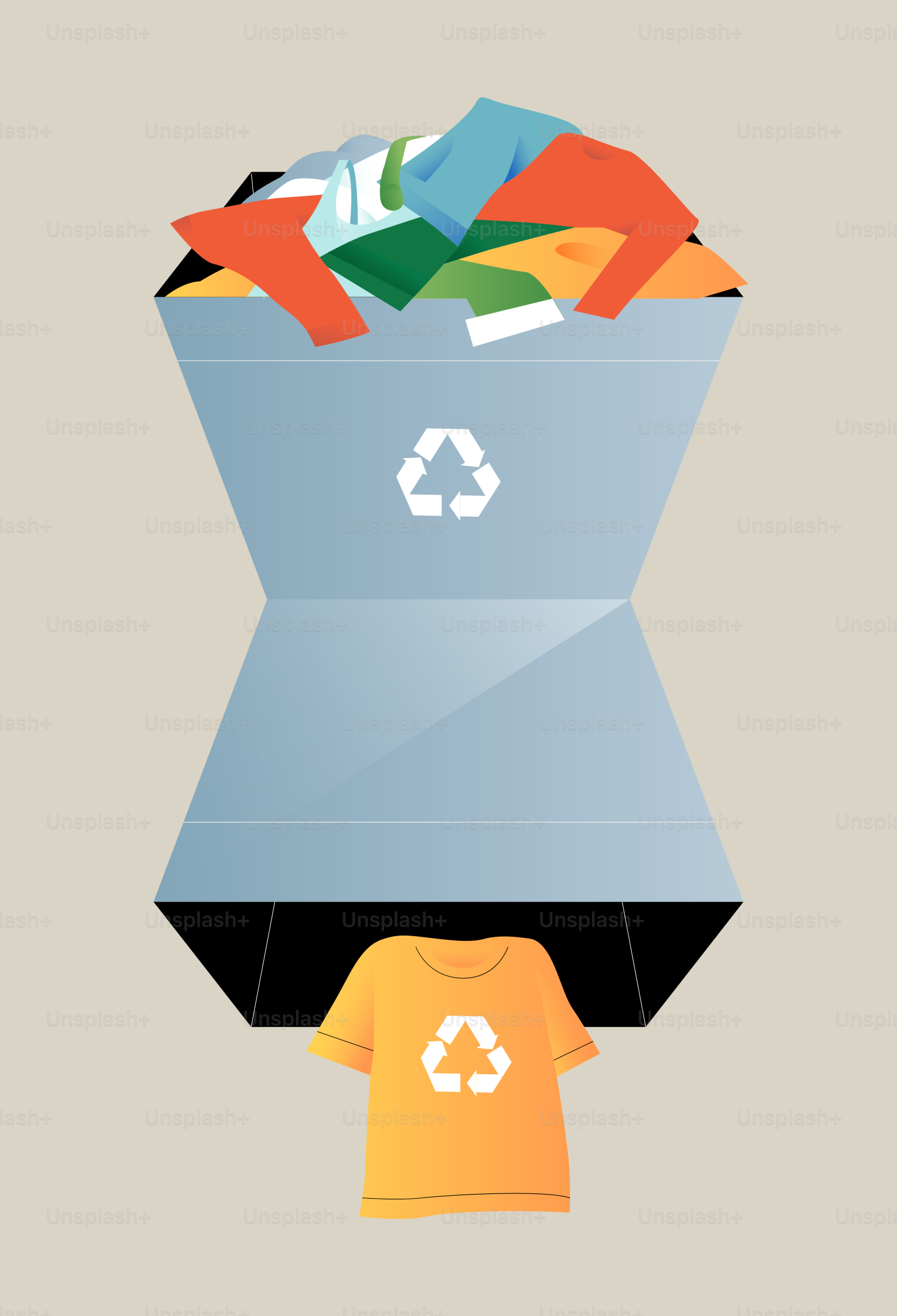 Un bac de recyclage débordant de vêtements, une chemise sort